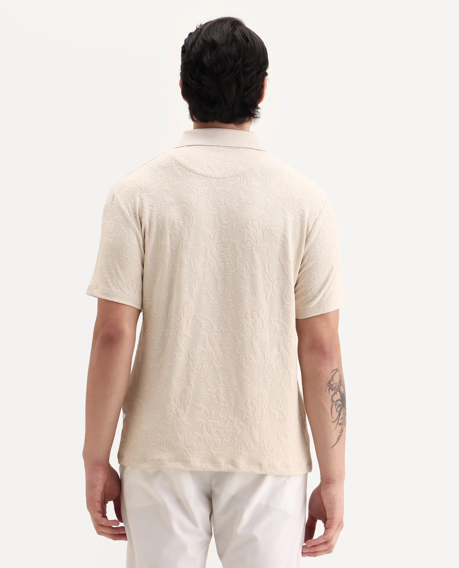 Rare Rabbit Men's Weso Off White Poly Blend Jacquard Regular Fit Half Sleeve Polo