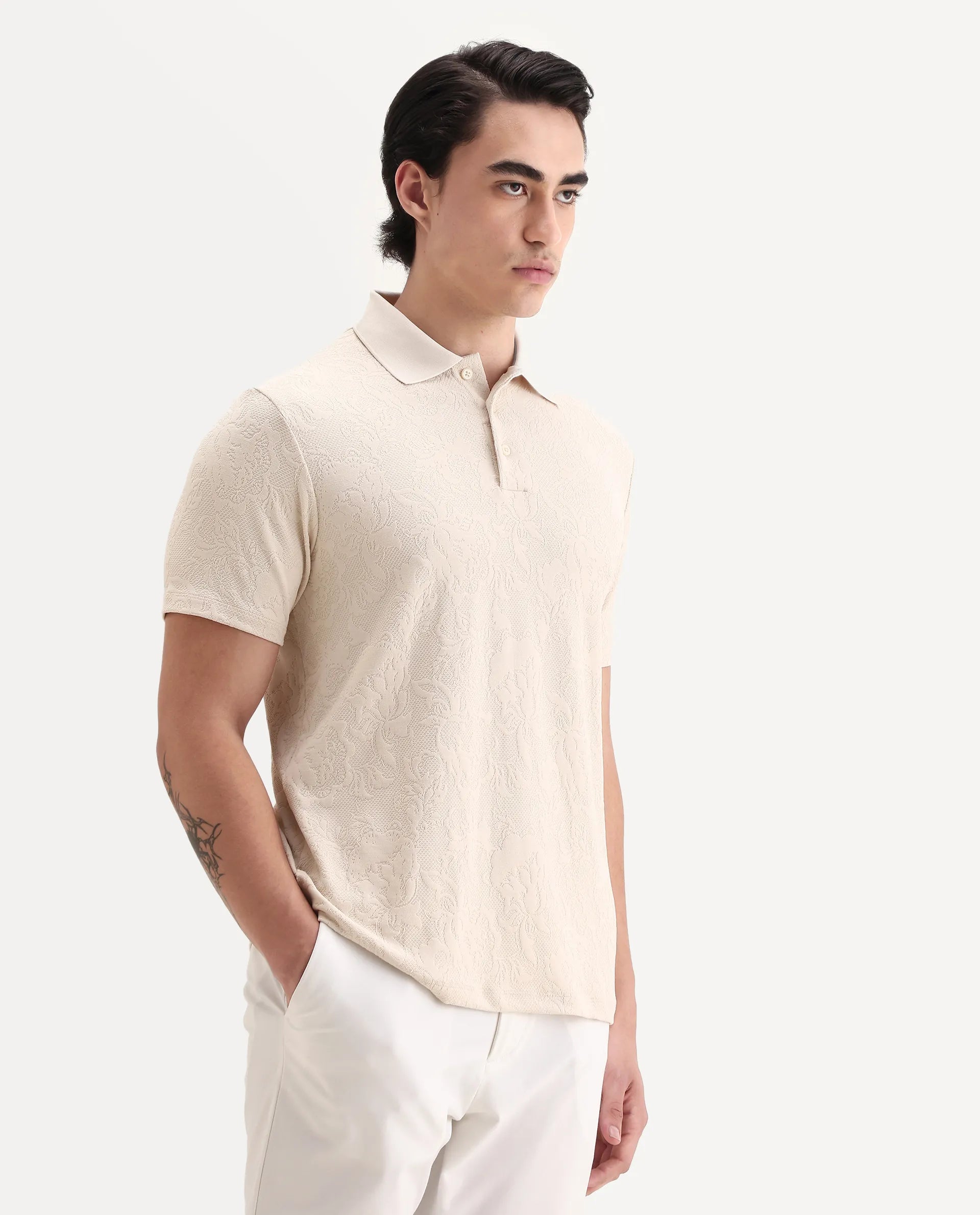Rare Rabbit Men's Weso Off White Poly Blend Jacquard Regular Fit Half Sleeve Polo