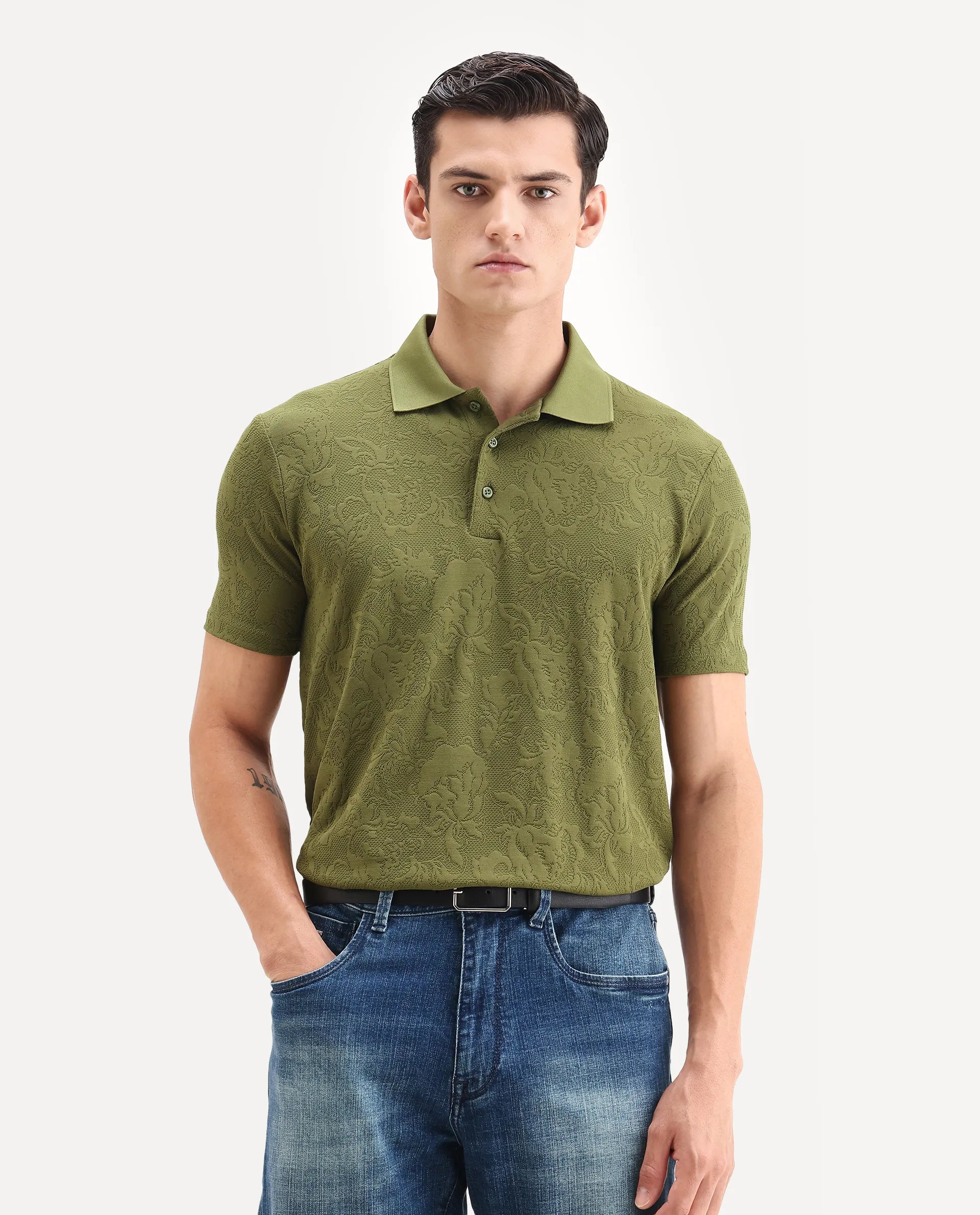 Rare Rabbit Men's Weso Olive Poly Blend Jacquard Regular Fit Half Sleeve Polo