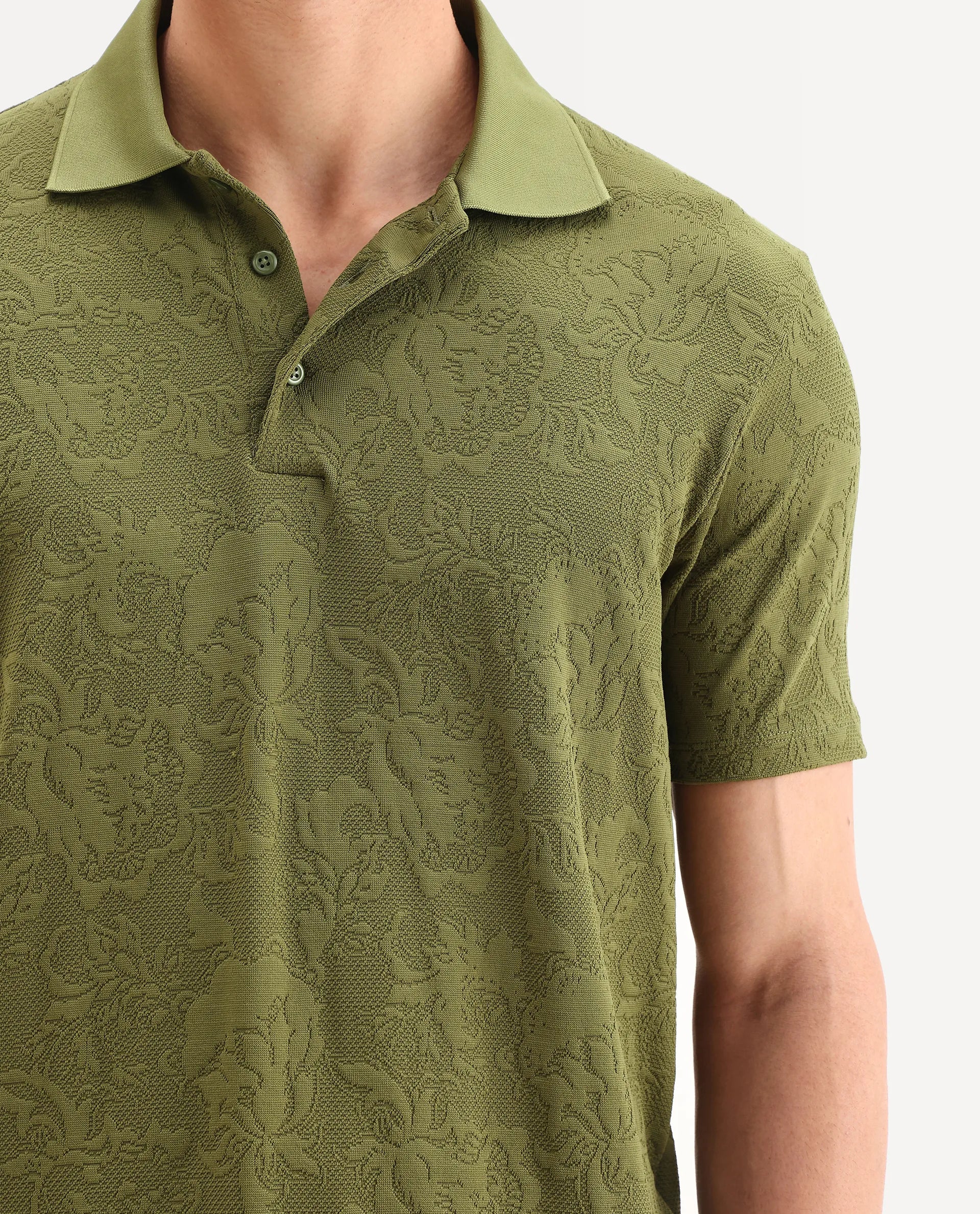 Rare Rabbit Men's Weso Olive Poly Blend Jacquard Regular Fit Half Sleeve Polo