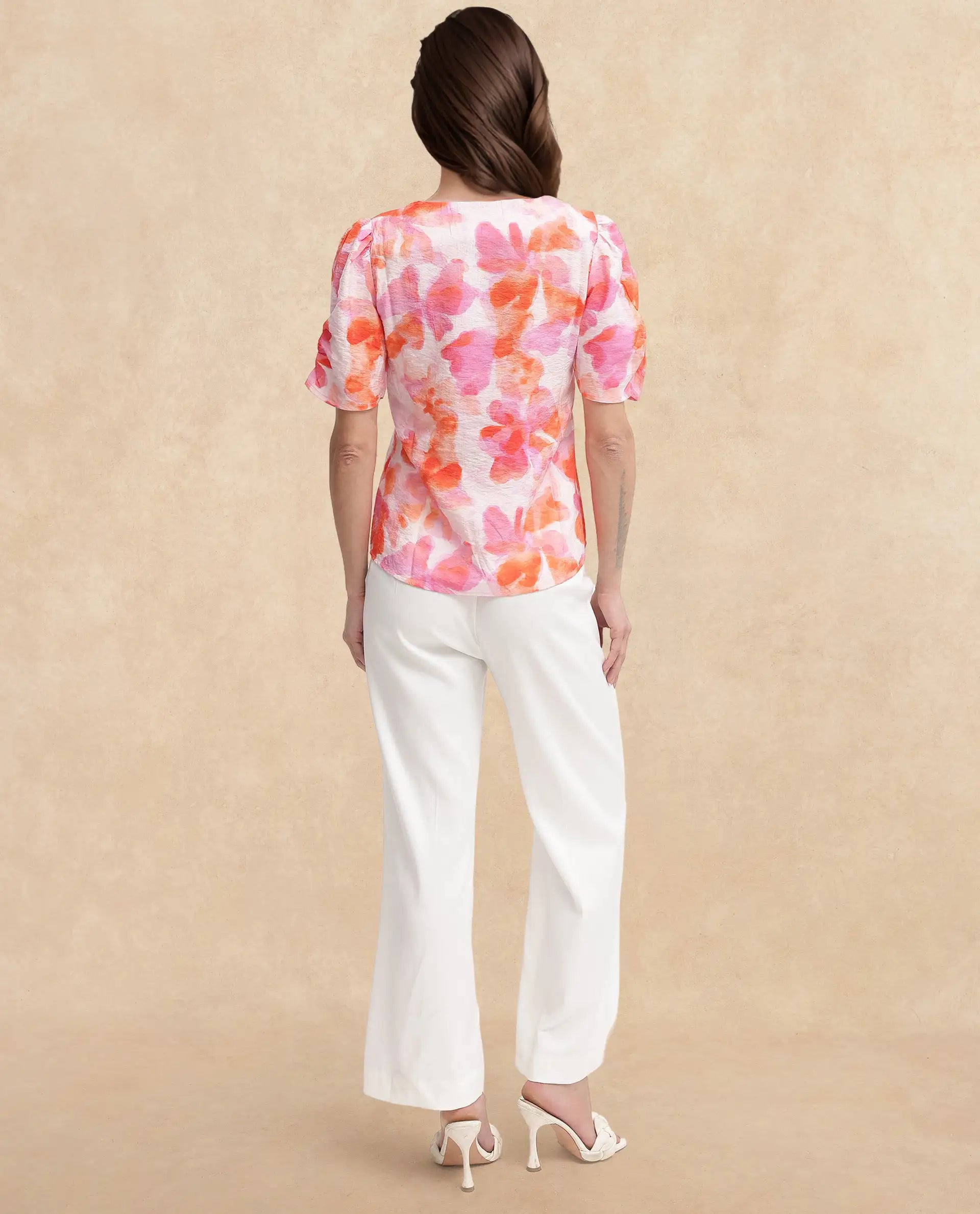 Rareism Women's Wesso Light Multi Nylon Blend V-Neck Abstract Print Puff Sleeves Regular Fit Top