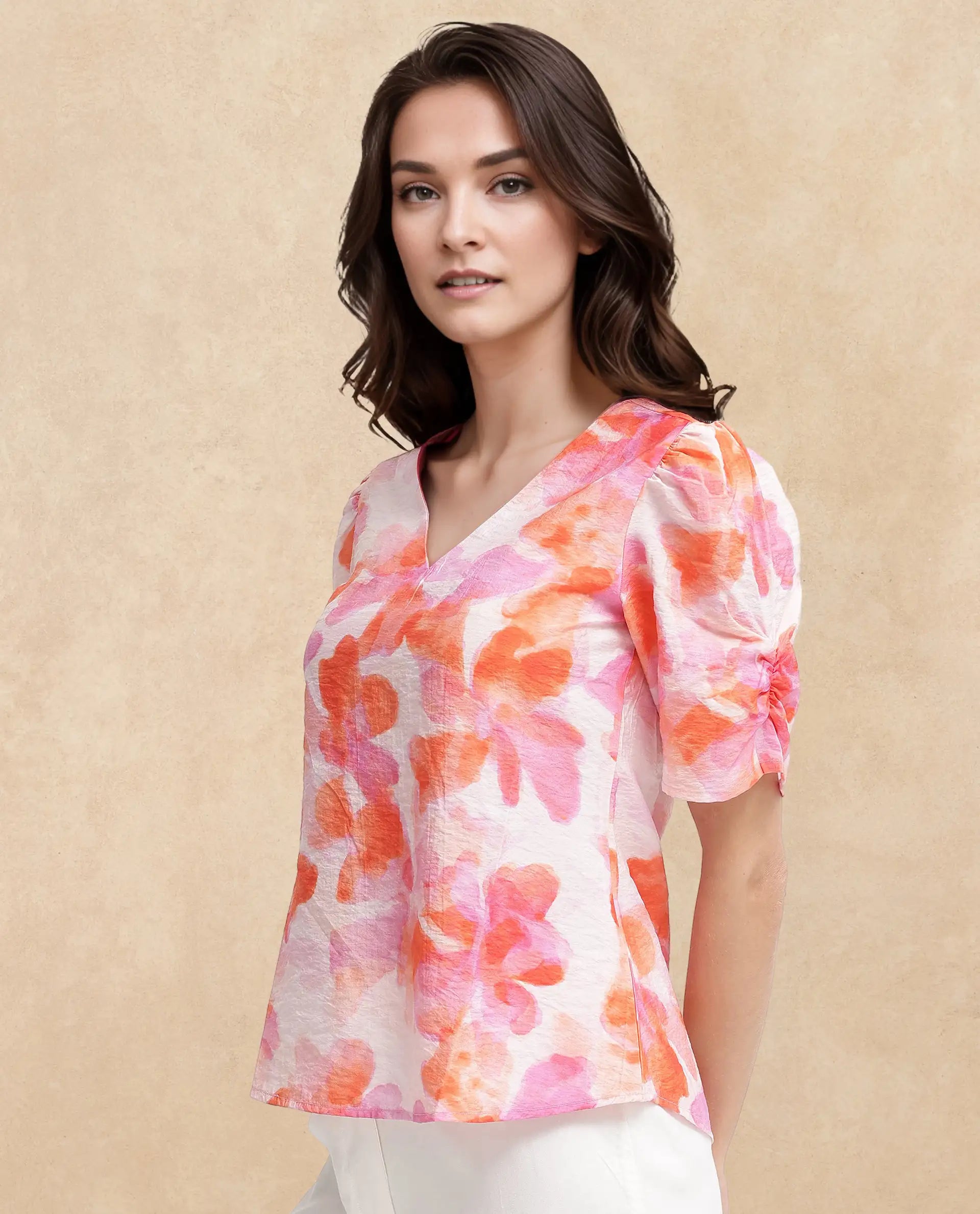 Rareism Women's Wesso Light Multi Nylon Blend V-Neck Abstract Print Puff Sleeves Regular Fit Top