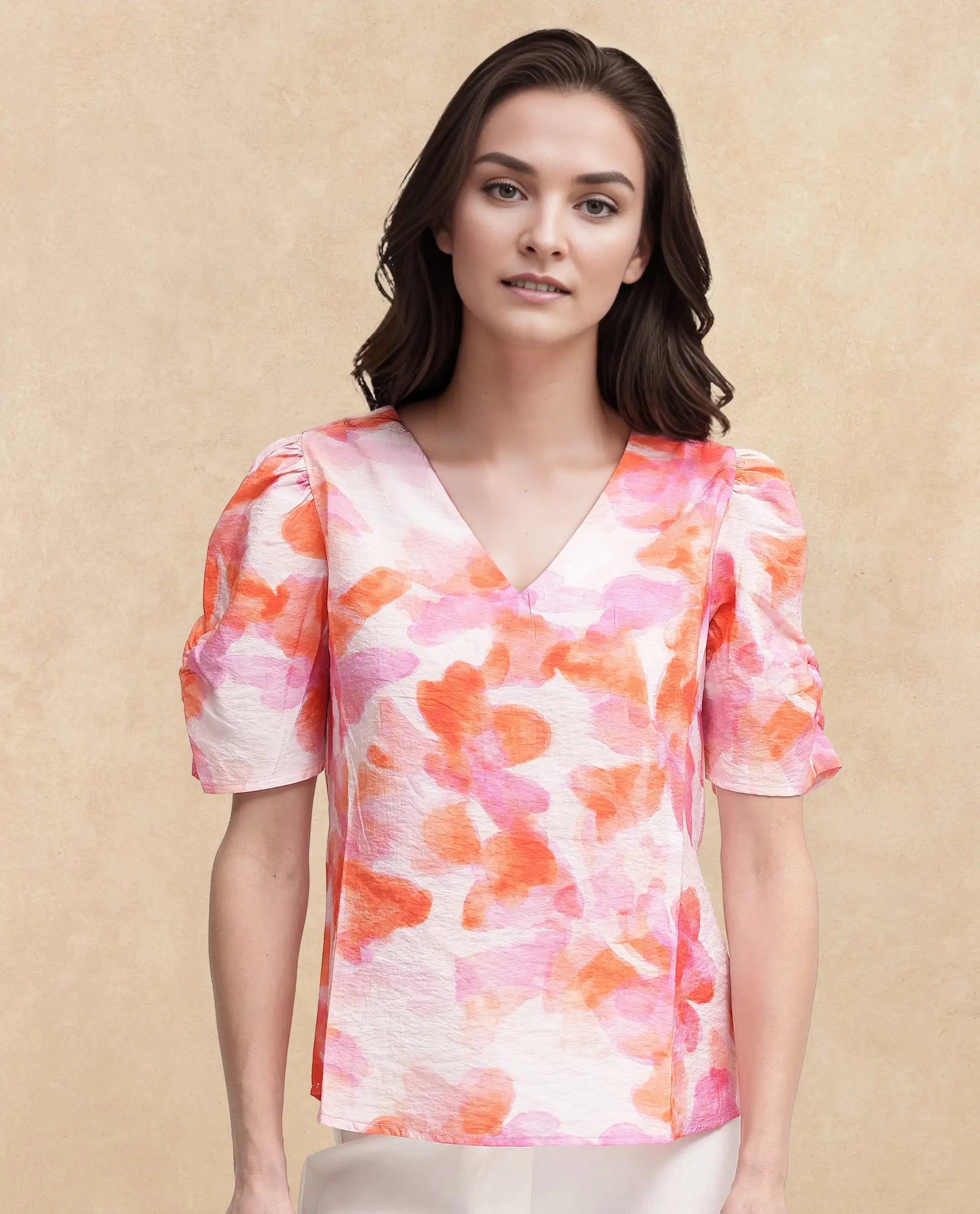 Rareism Women's Wesso Light Multi Nylon Blend V-Neck Abstract Print Puff Sleeves Regular Fit Top