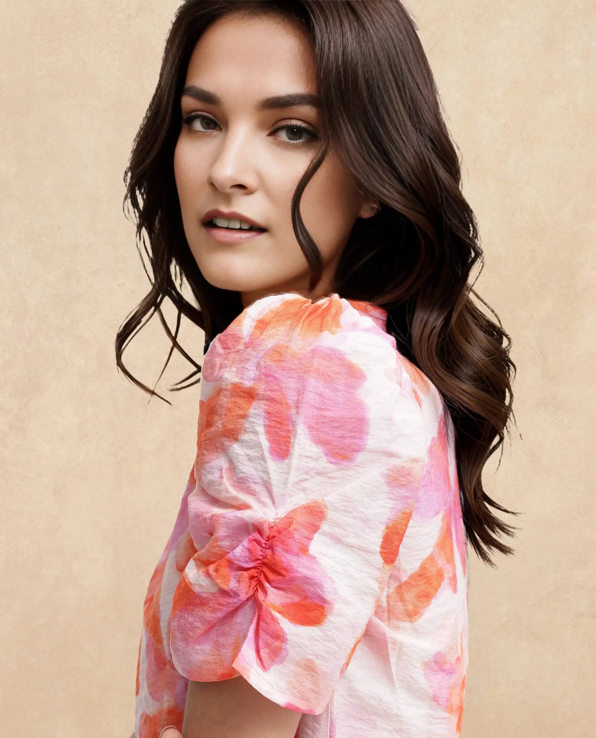 Rareism Women's Wesso Light Multi Nylon Blend V-Neck Abstract Print Puff Sleeves Regular Fit Top