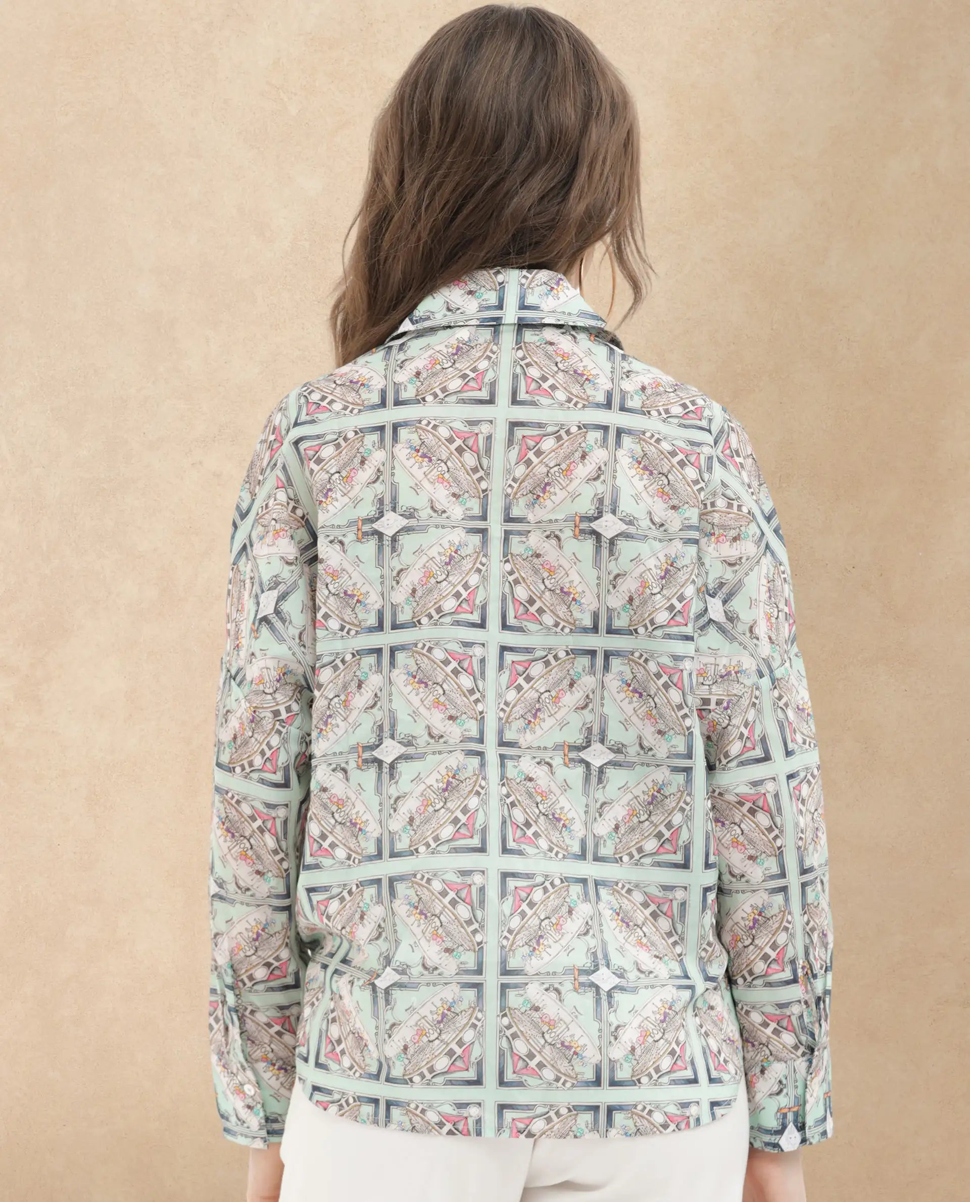 Rareism Women Westwick Pastel Green Cotton Fabric Full Sleeves Button Closure Collared Neck Cuffed Sleeve Relaxed Fit Abstract Print Top