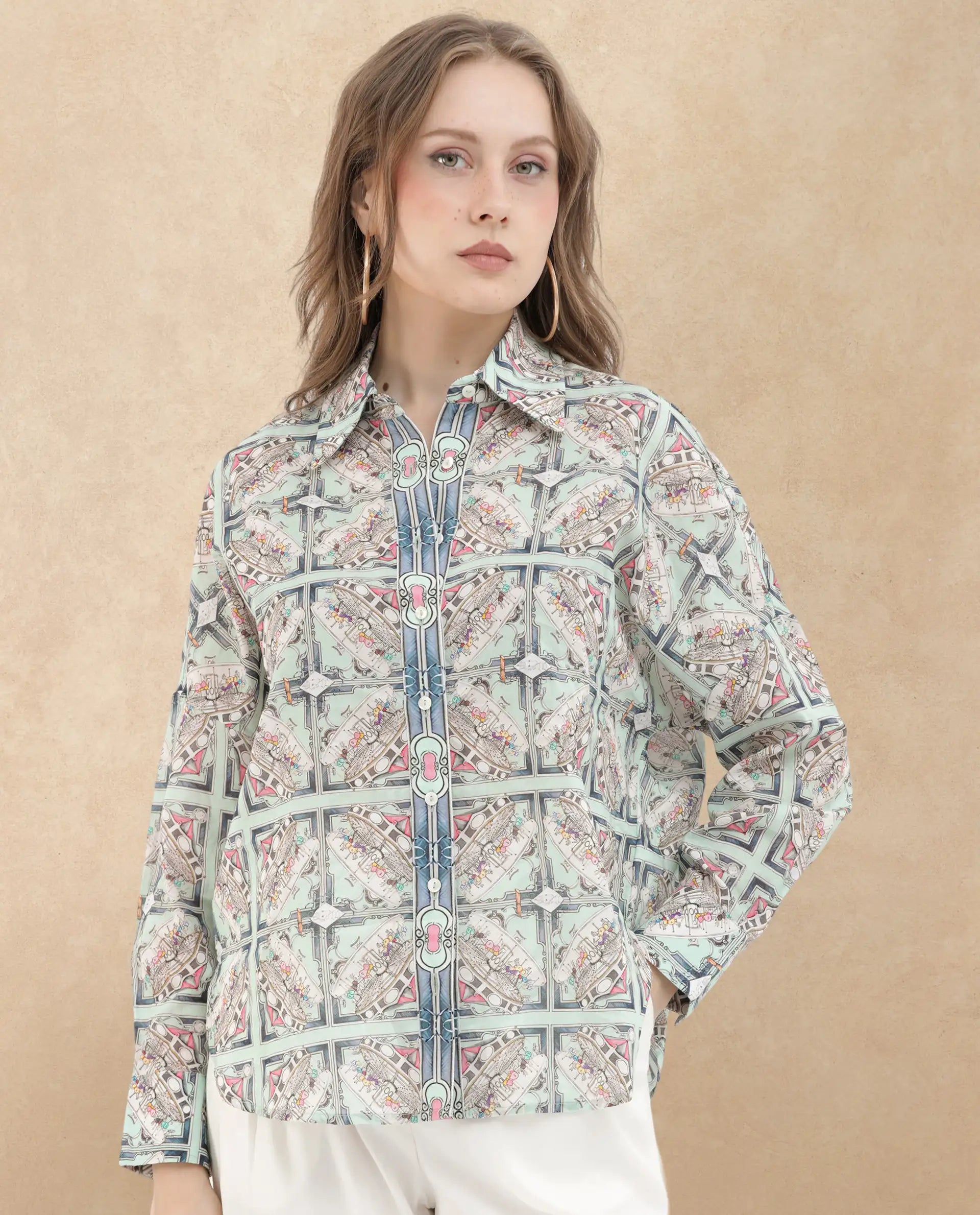 Rareism Women Westwick Pastel Green Cotton Fabric Full Sleeves Button Closure Collared Neck Cuffed Sleeve Relaxed Fit Abstract Print Top