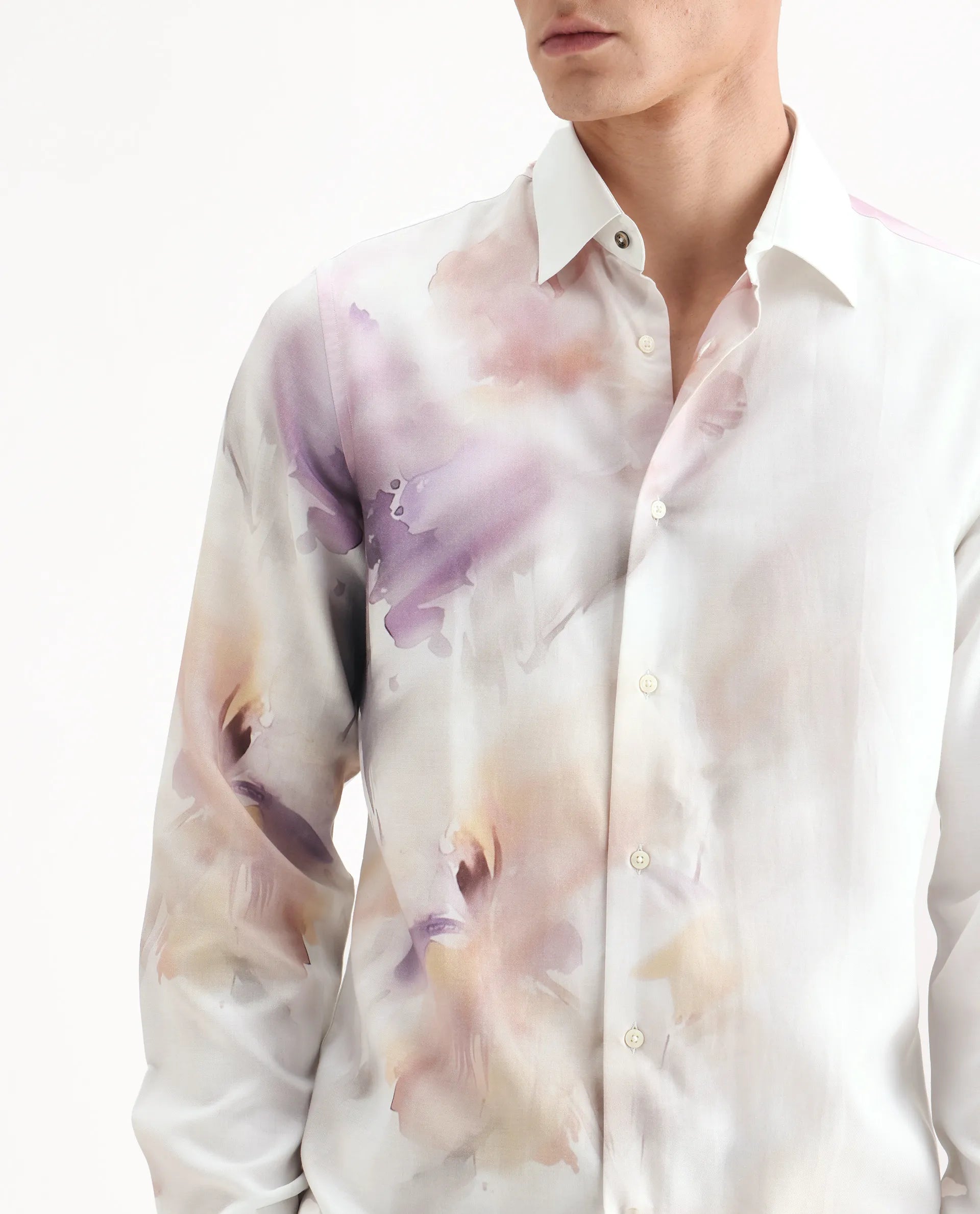 Rare Rabbit Men's Wexol Off White Cotton Blend Floral Print Regular Fit Full Sleeve Collared Shirt
