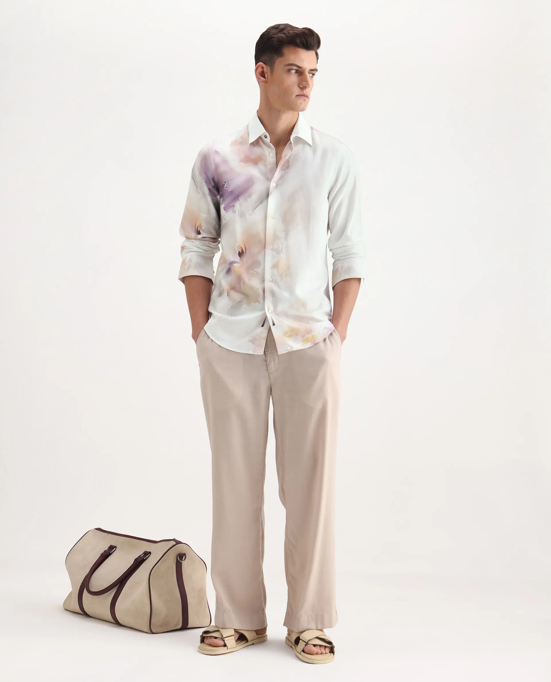 Rare Rabbit Men's Wexol Off White Cotton Blend Floral Print Regular Fit Full Sleeve Collared Shirt