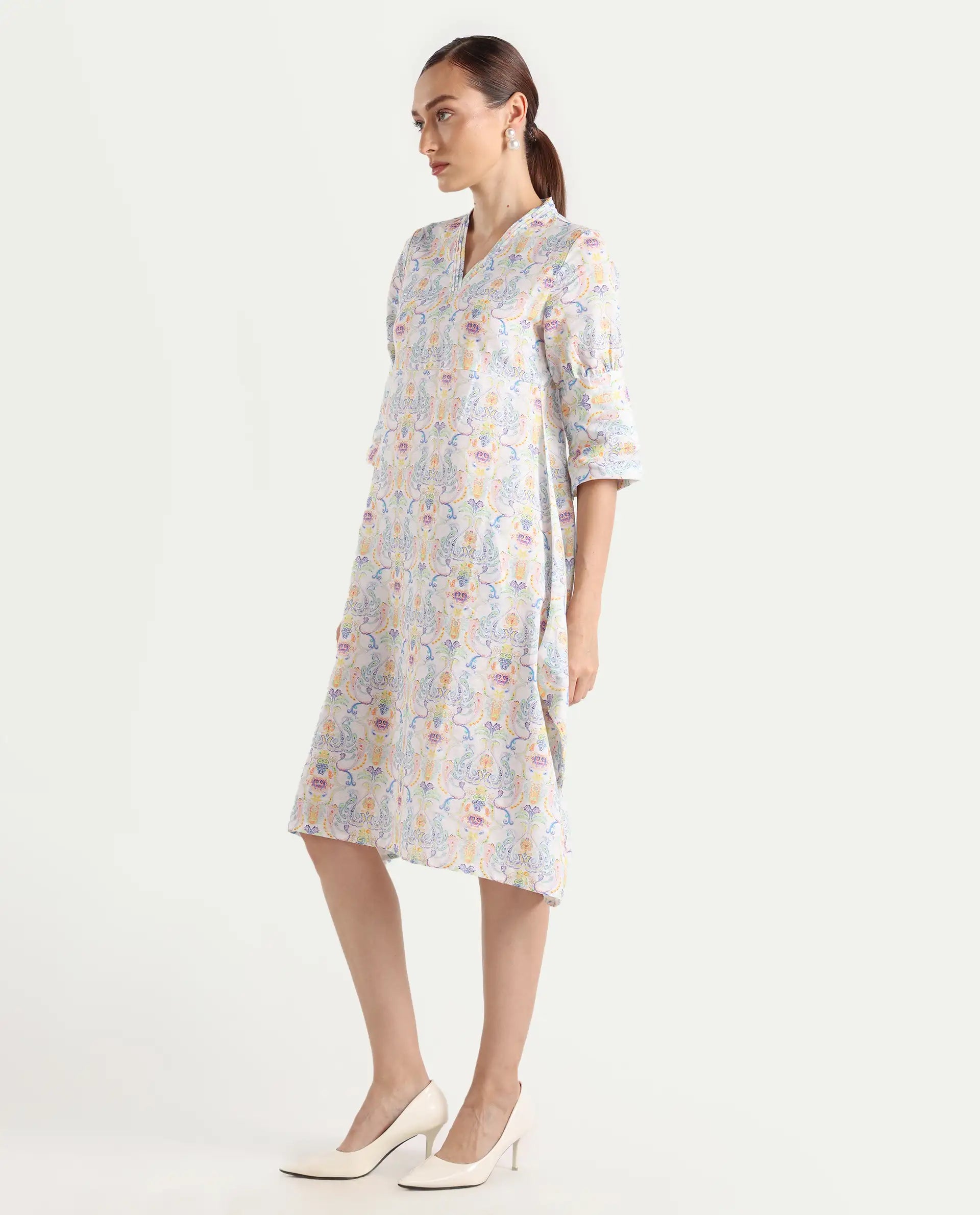 Rareism Women's Wherry Multi Linen V-Neck Abstract Print Midi Regular Fit Dress