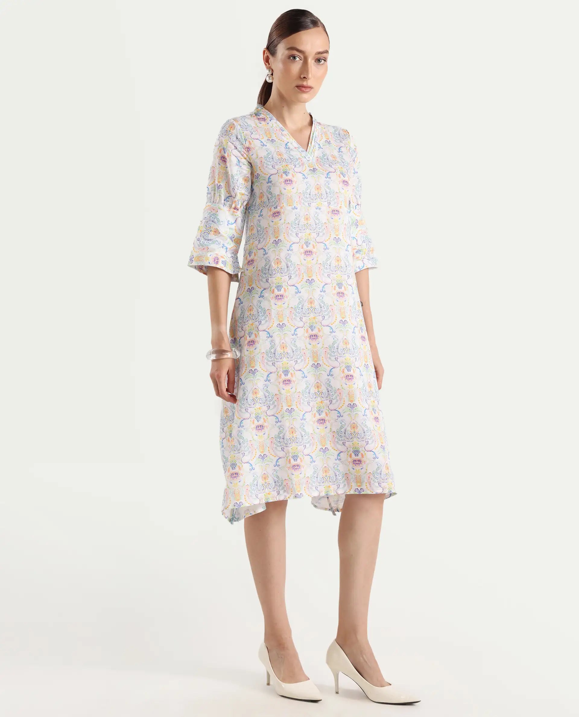 Rareism Women's Wherry Multi Linen V-Neck Abstract Print Midi Regular Fit Dress