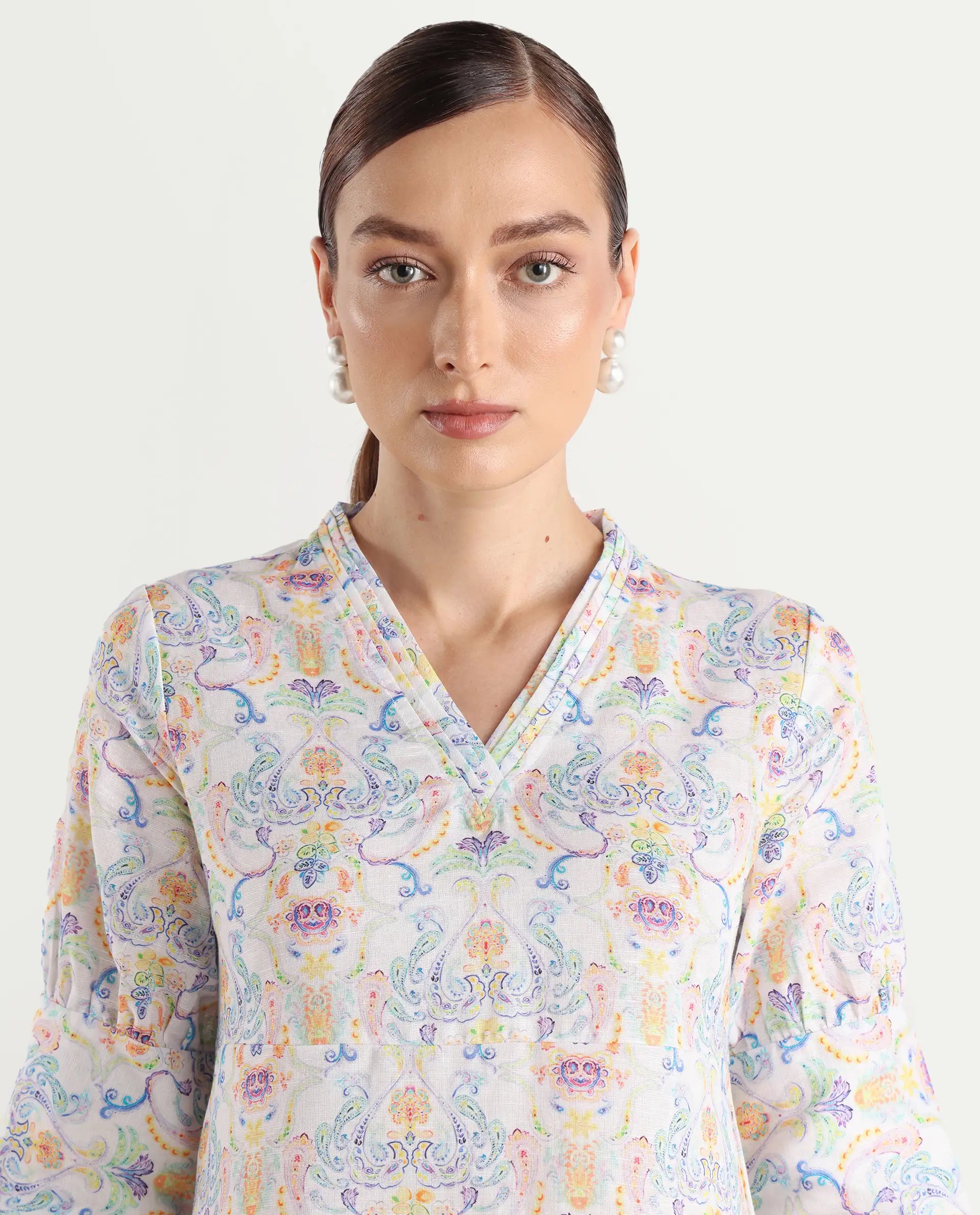 Rareism Women's Wherry Multi Linen V-Neck Abstract Print Midi Regular Fit Dress