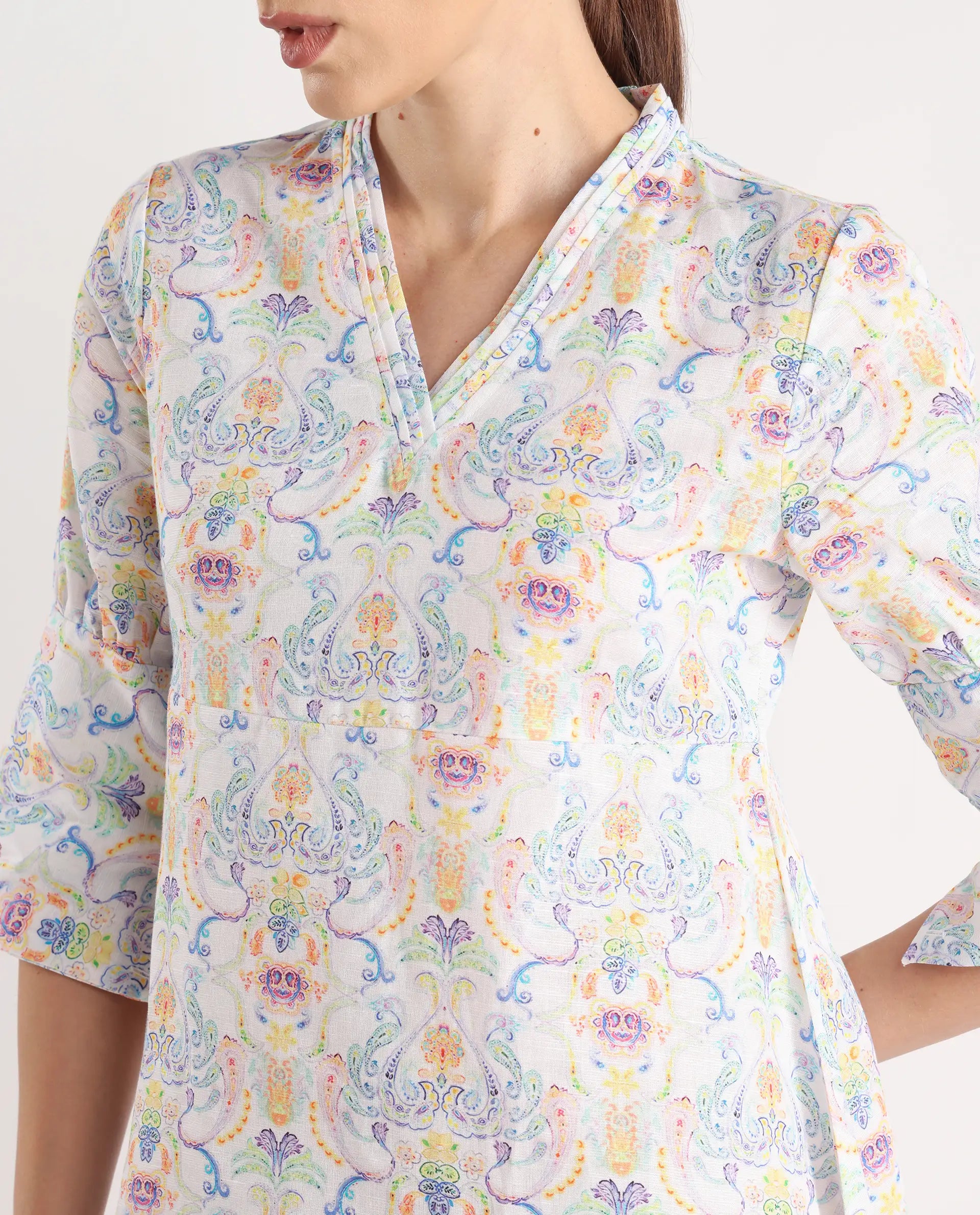 Rareism Women's Wherry Multi Linen V-Neck Abstract Print Midi Regular Fit Dress