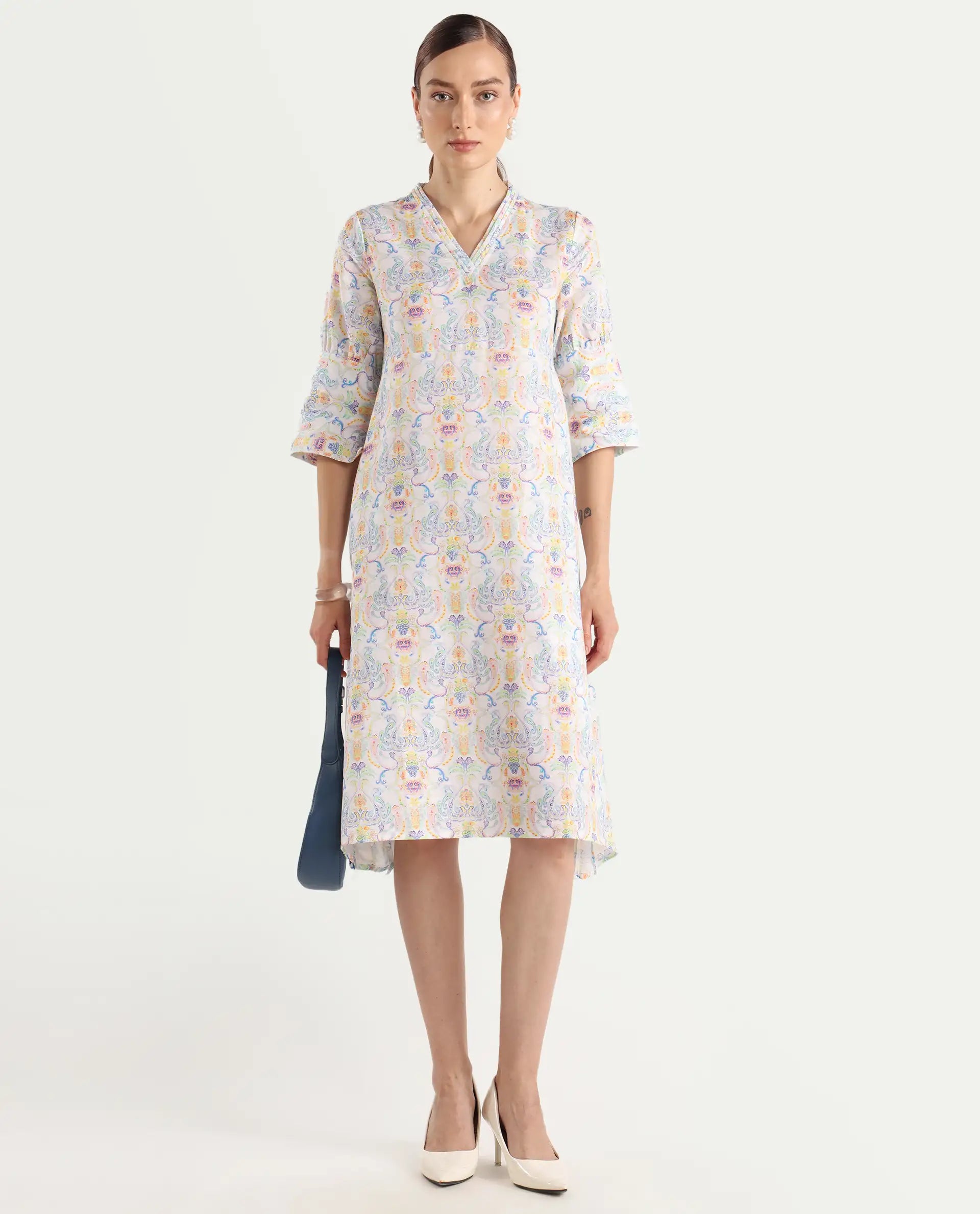 Rareism Women's Wherry Multi Linen V-Neck Abstract Print Midi Regular Fit Dress