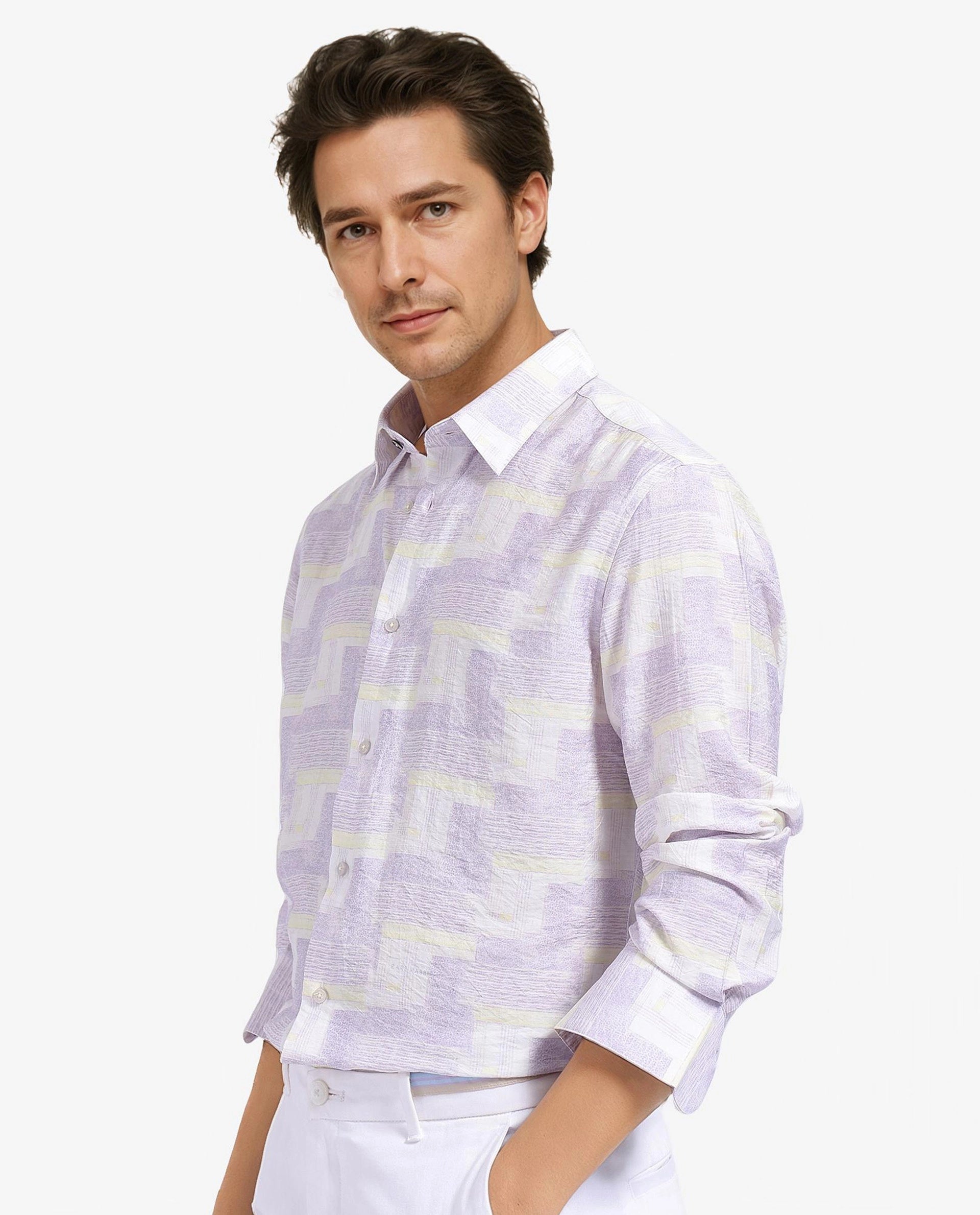 Rare Rabbit Men Whimsy Pastel Pink Full Sleeve Regular Collar Button Closure Regular Fit Abstract Print Shirt