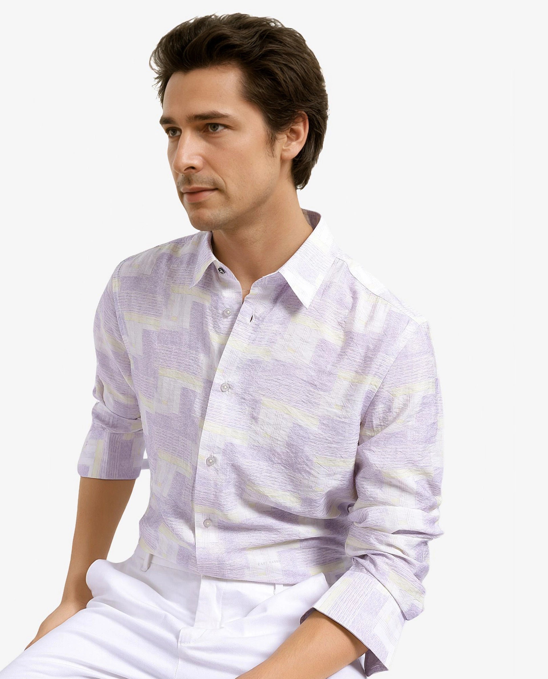 Rare Rabbit Men Whimsy Pastel Pink Full Sleeve Regular Collar Button Closure Regular Fit Abstract Print Shirt