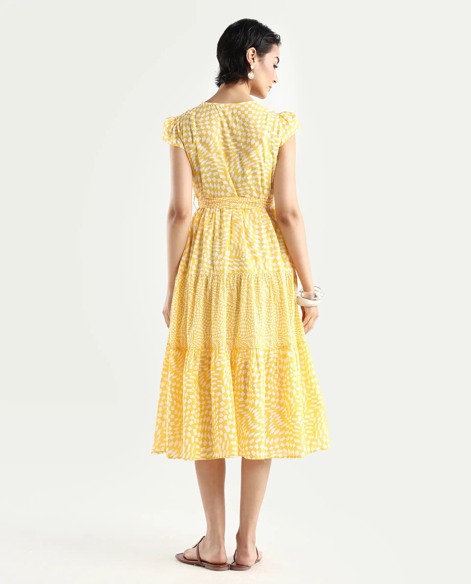 Rareism Women's Whitney Yellow Cotton V-Neck Geometric Print Cape Sleeve Knee Length Regular Fit Dress