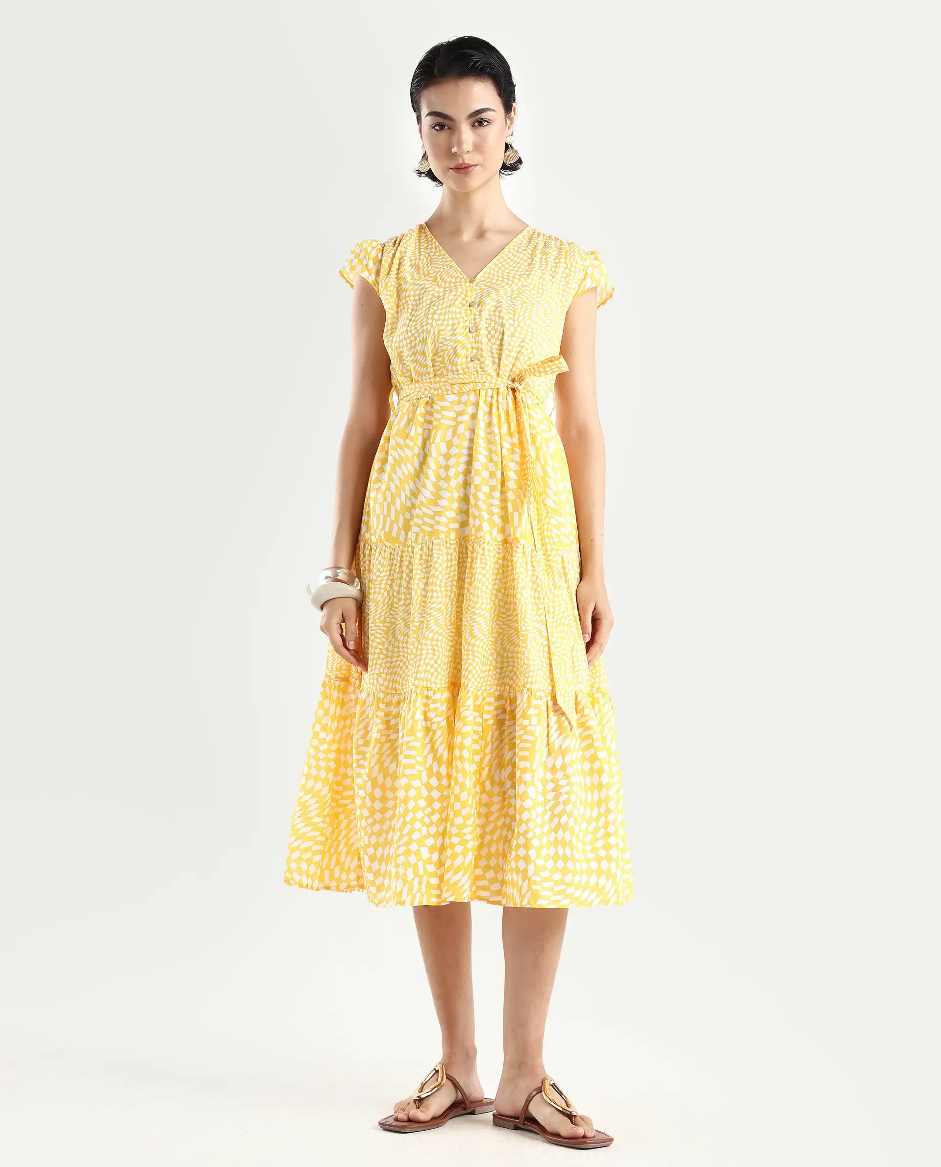 Rareism Women's Whitney Yellow Cotton V-Neck Geometric Print Cape Sleeve Knee Length Regular Fit Dress