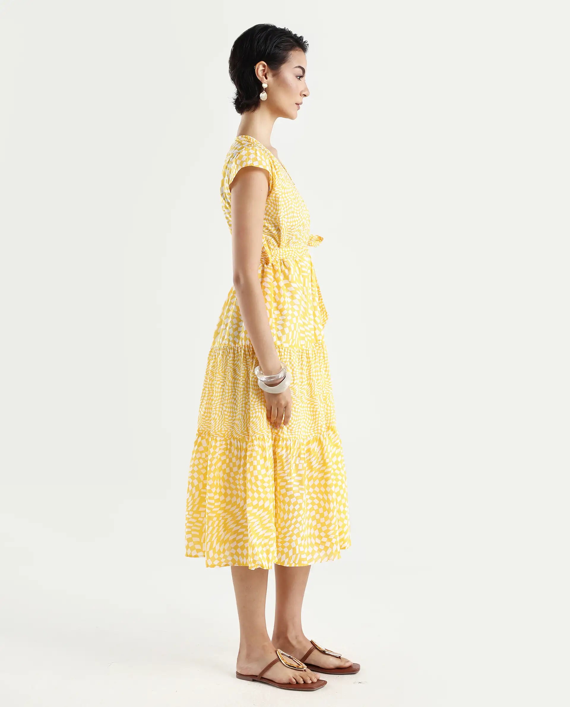 Rareism Women's Whitney Yellow Cotton V-Neck Geometric Print Cape Sleeve Knee Length Regular Fit Dress