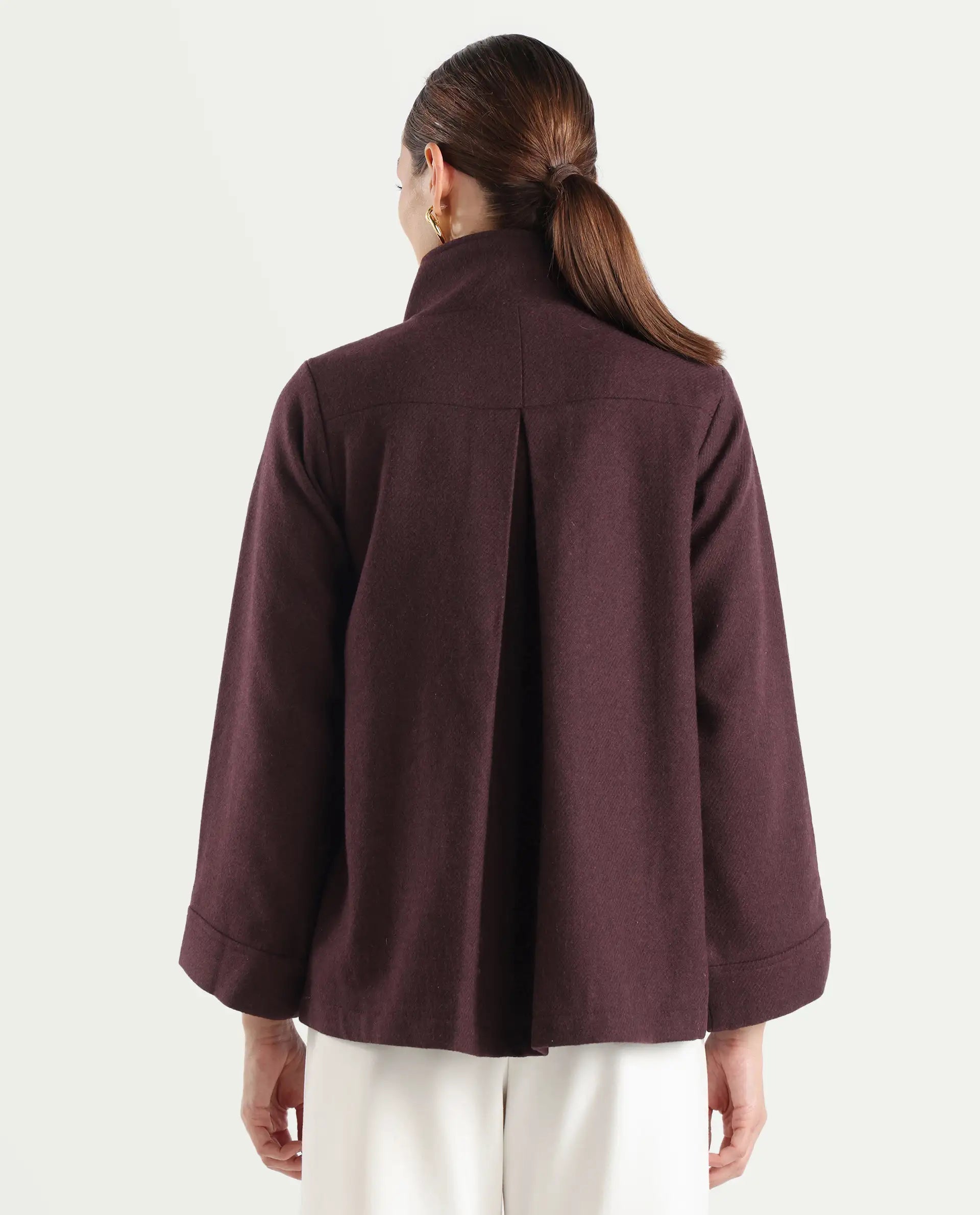 Rareism Women's Whyla Dark Maroon Stand Collar Plain Raglan Sleeve Boxy Fit Jacket