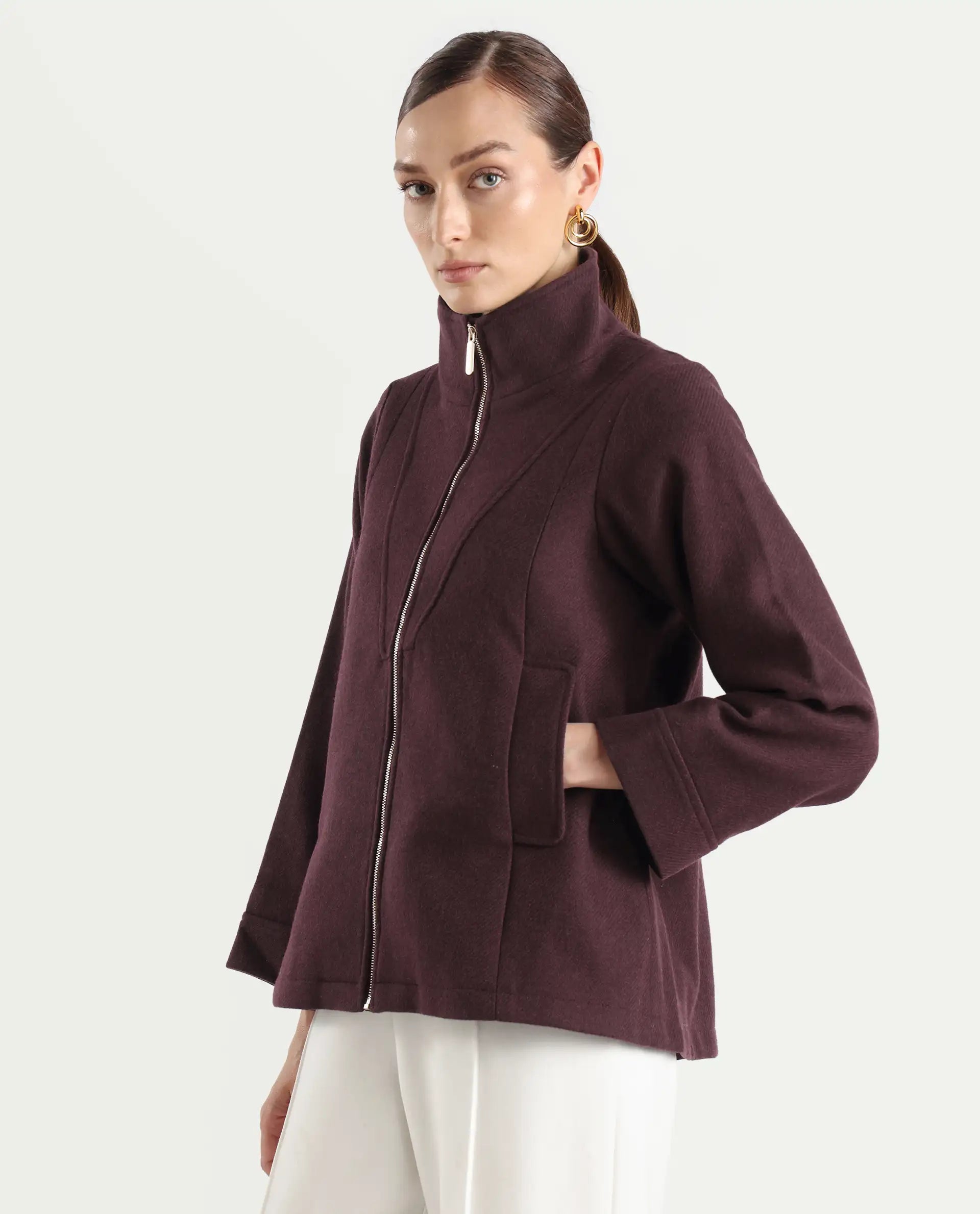 Rareism Women's Whyla Dark Maroon Stand Collar Plain Raglan Sleeve Boxy Fit Jacket