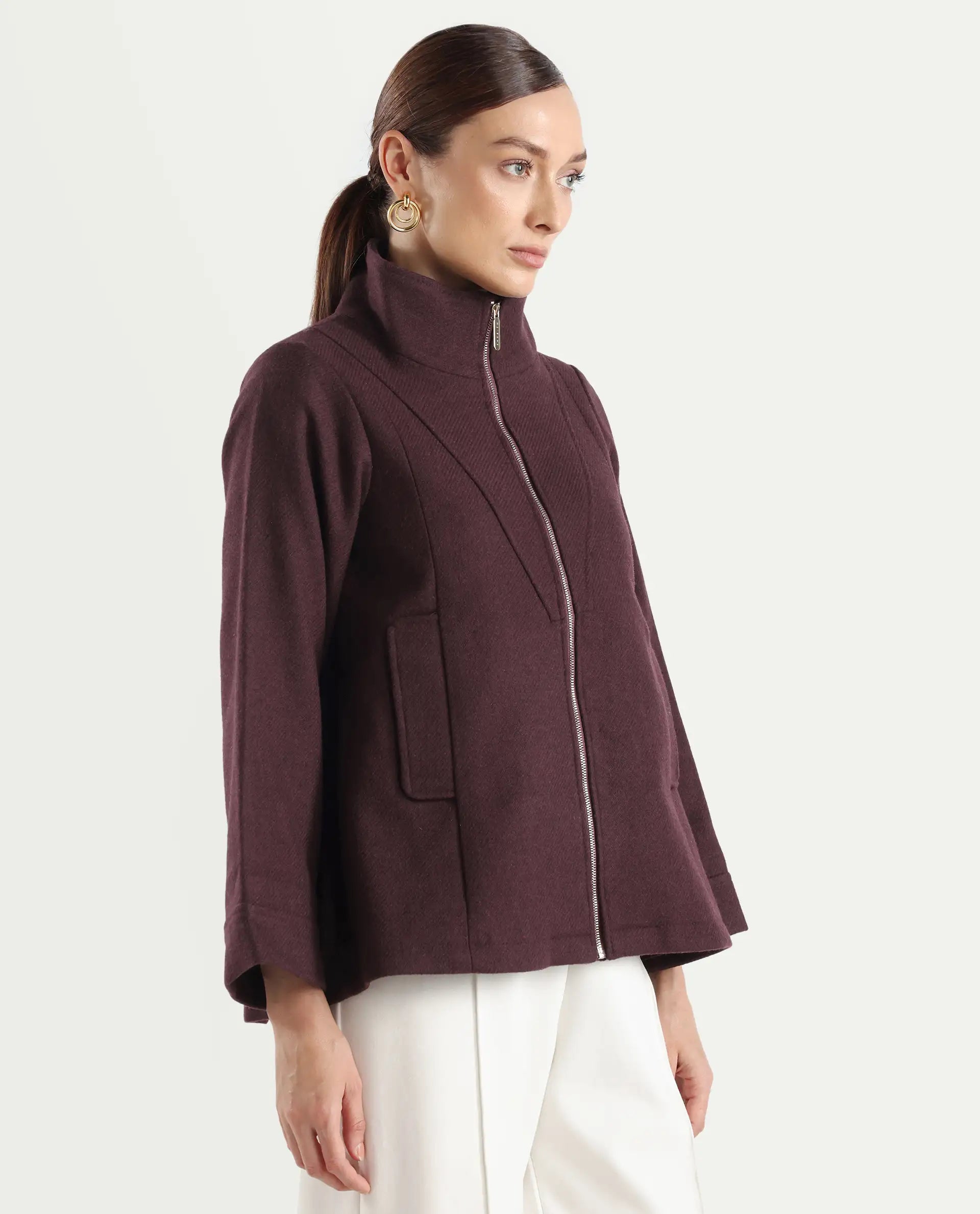 Rareism Women's Whyla Dark Maroon Stand Collar Plain Raglan Sleeve Boxy Fit Jacket