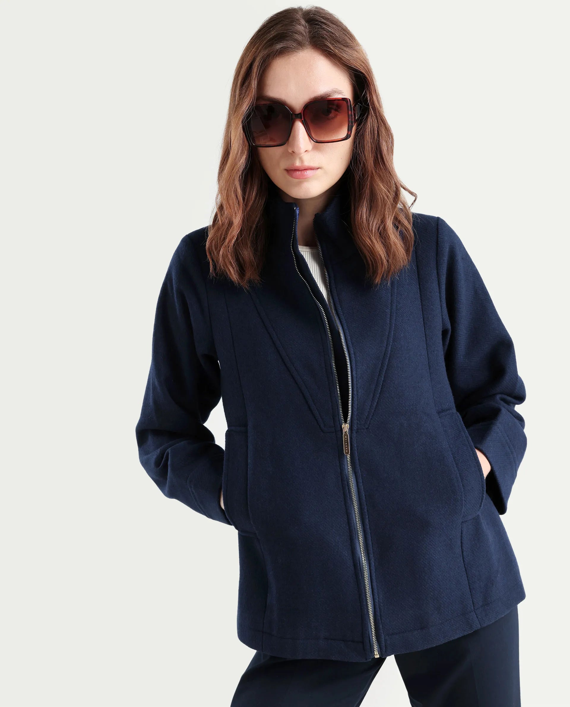 Rareism Women's Whyla Navy Stand Collar Plain Raglan Sleeve Boxy Fit Jacket