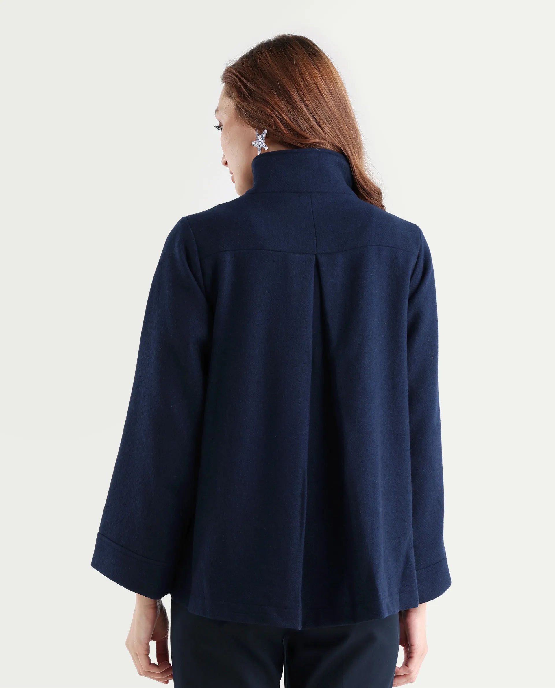 Rareism Women's Whyla Navy Stand Collar Plain Raglan Sleeve Boxy Fit Jacket