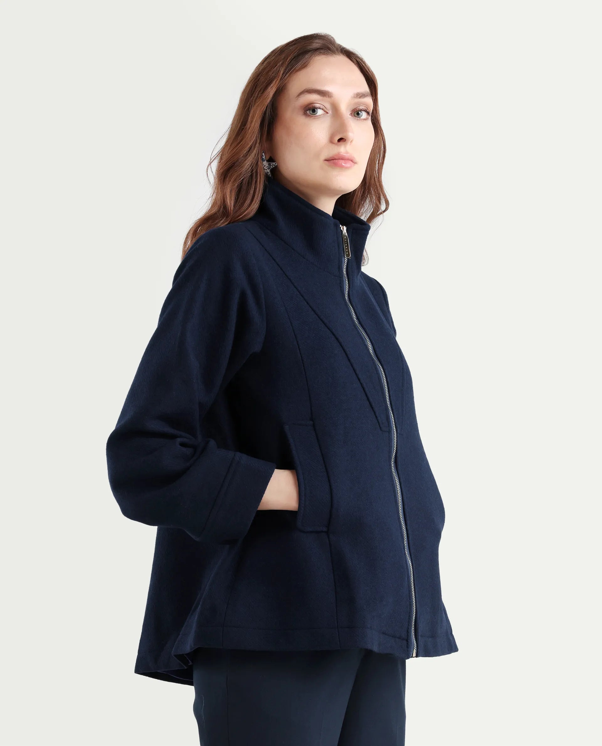 Rareism Women's Whyla Navy Stand Collar Plain Raglan Sleeve Boxy Fit Jacket