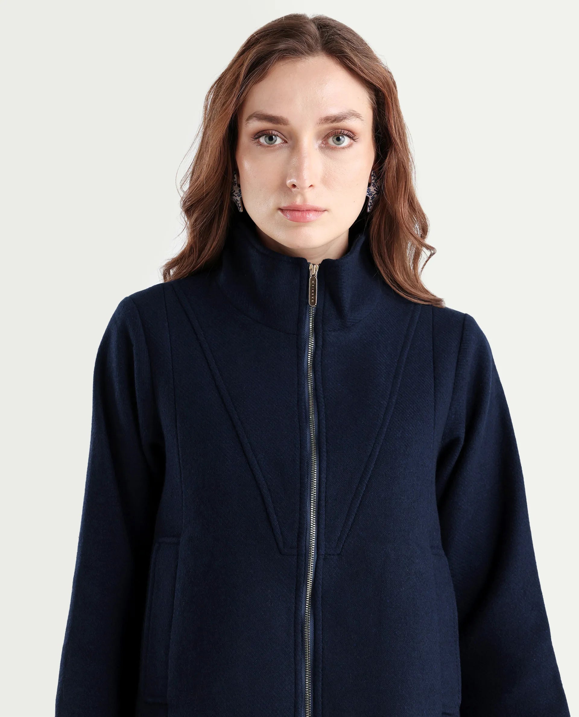 Rareism Women's Whyla Navy Stand Collar Plain Raglan Sleeve Boxy Fit Jacket