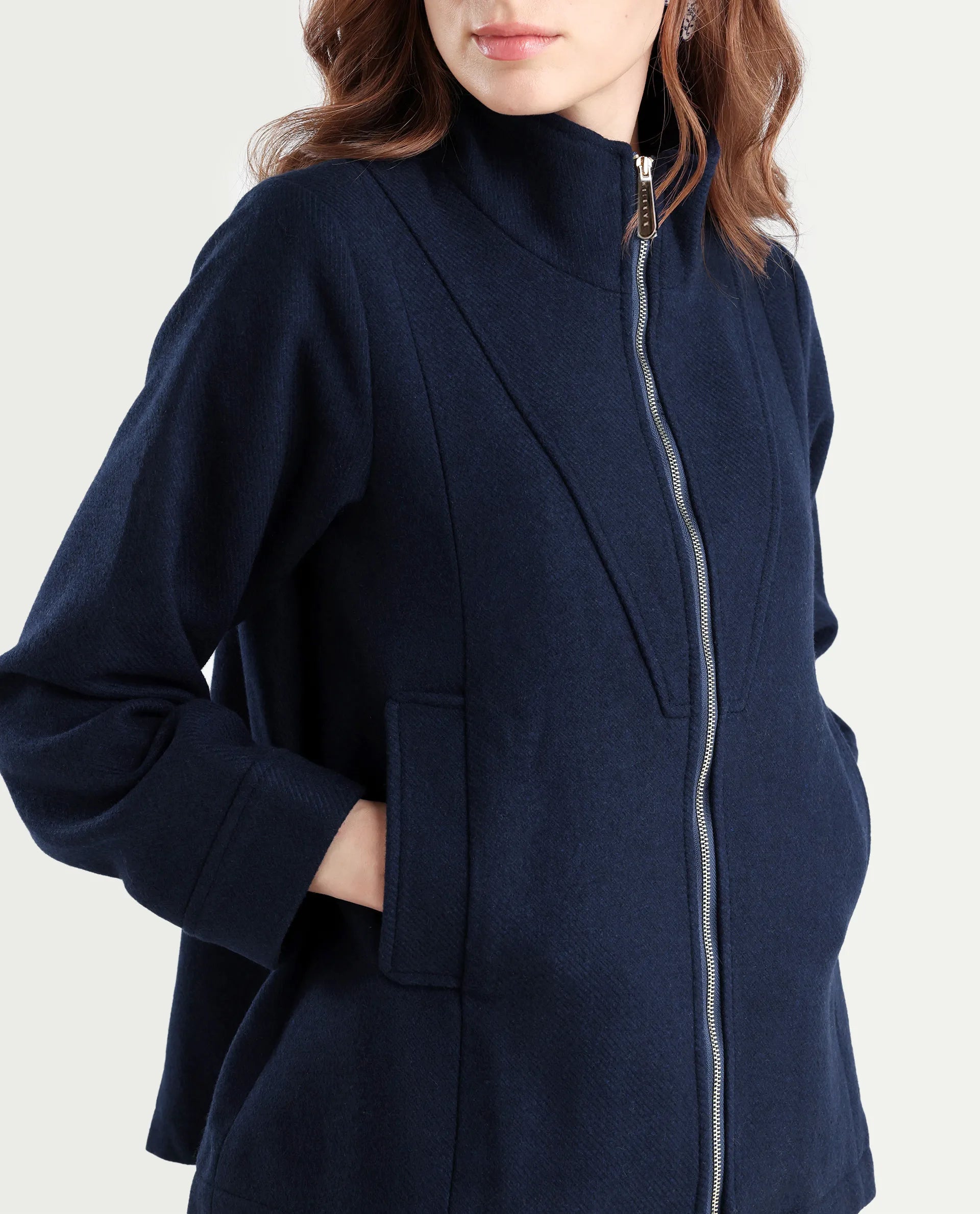 Rareism Women's Whyla Navy Stand Collar Plain Raglan Sleeve Boxy Fit Jacket