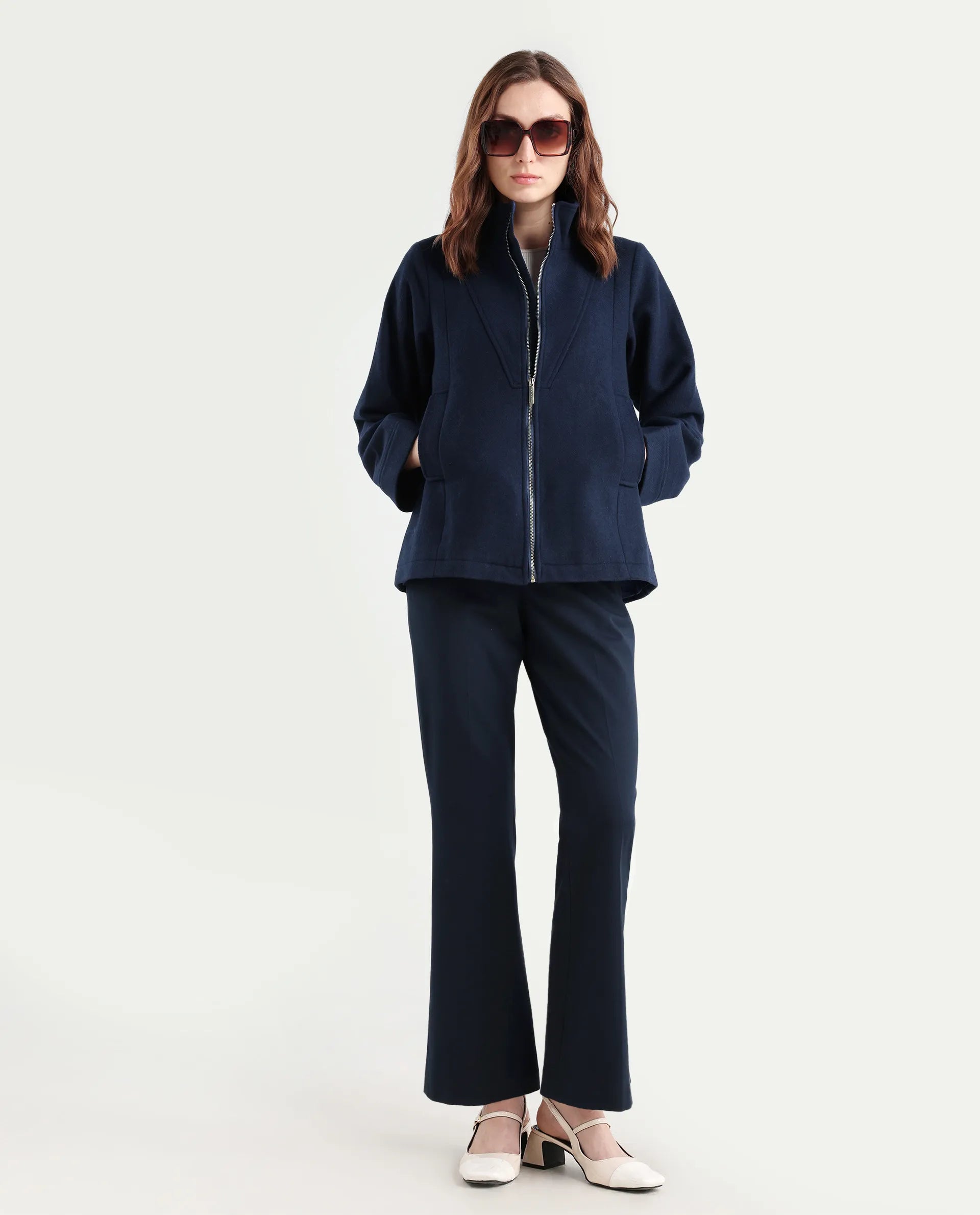 Rareism Women's Whyla Navy Stand Collar Plain Raglan Sleeve Boxy Fit Jacket