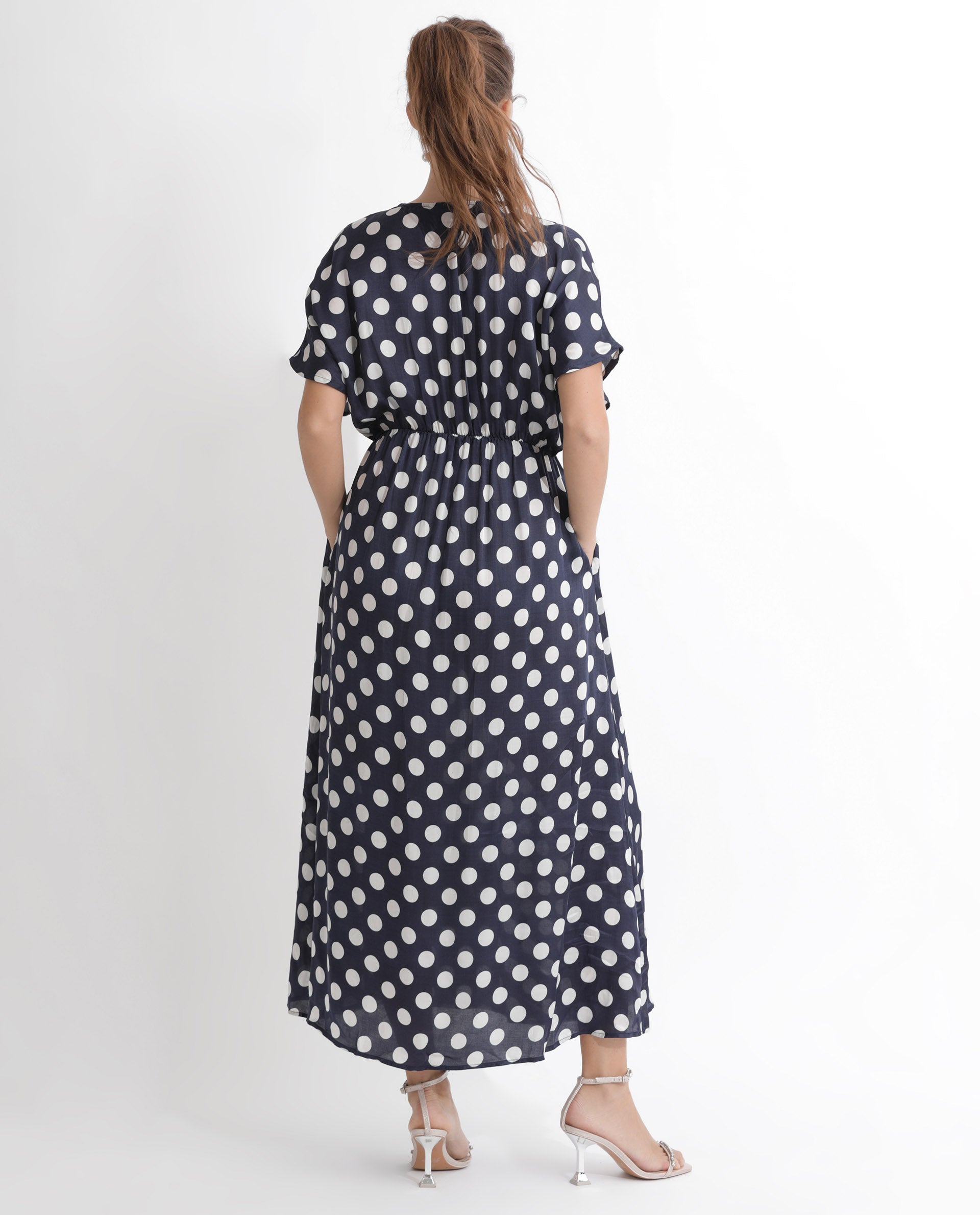 Rareism Women Wicked Blue Modal Satin Fabric Short Sleeves V-Neck Extended Sleeve Regular Fit Polka Maxi A-Line Dress