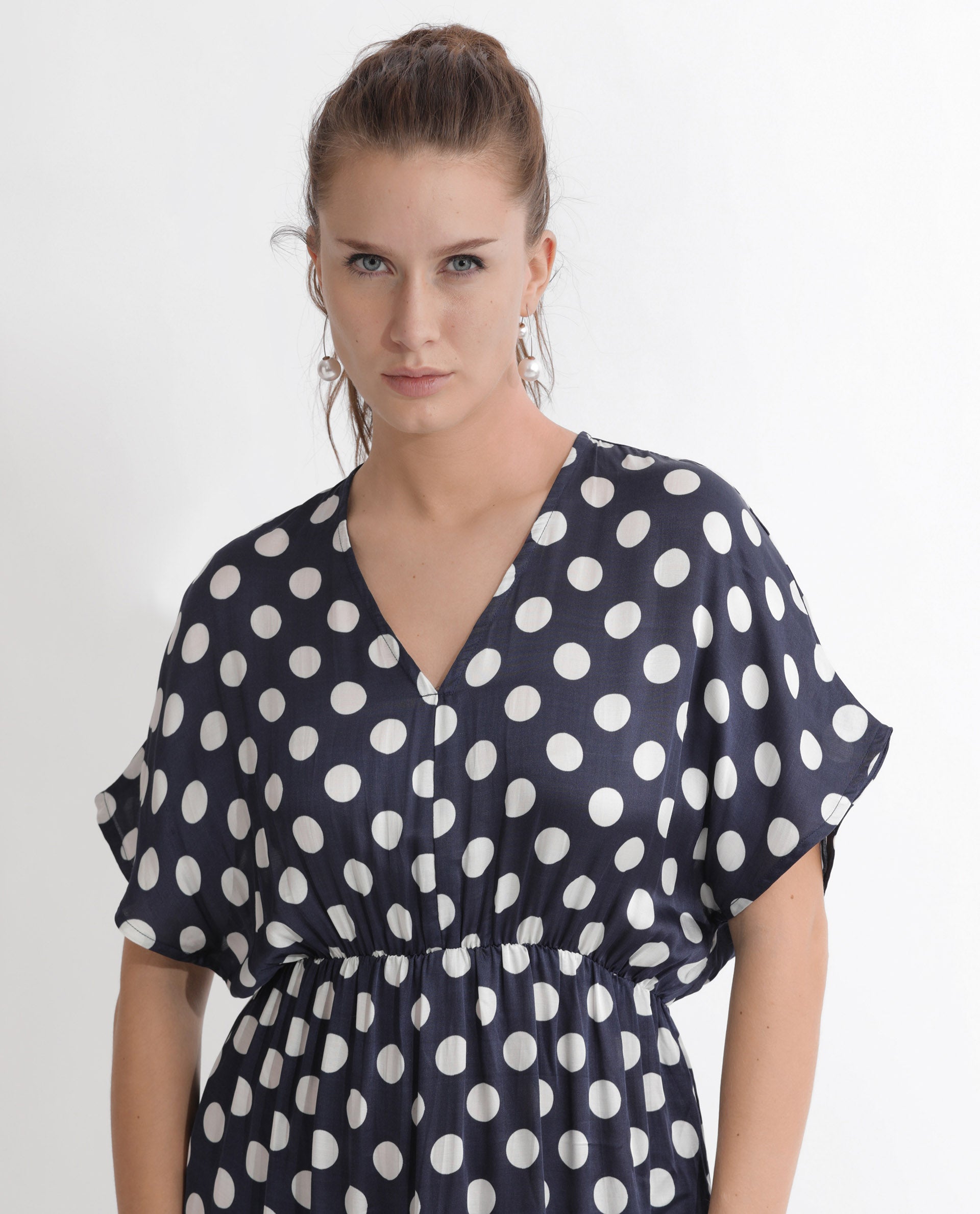 Rareism Women Wicked Blue Modal Satin Fabric Short Sleeves V-Neck Extended Sleeve Regular Fit Polka Maxi A-Line Dress