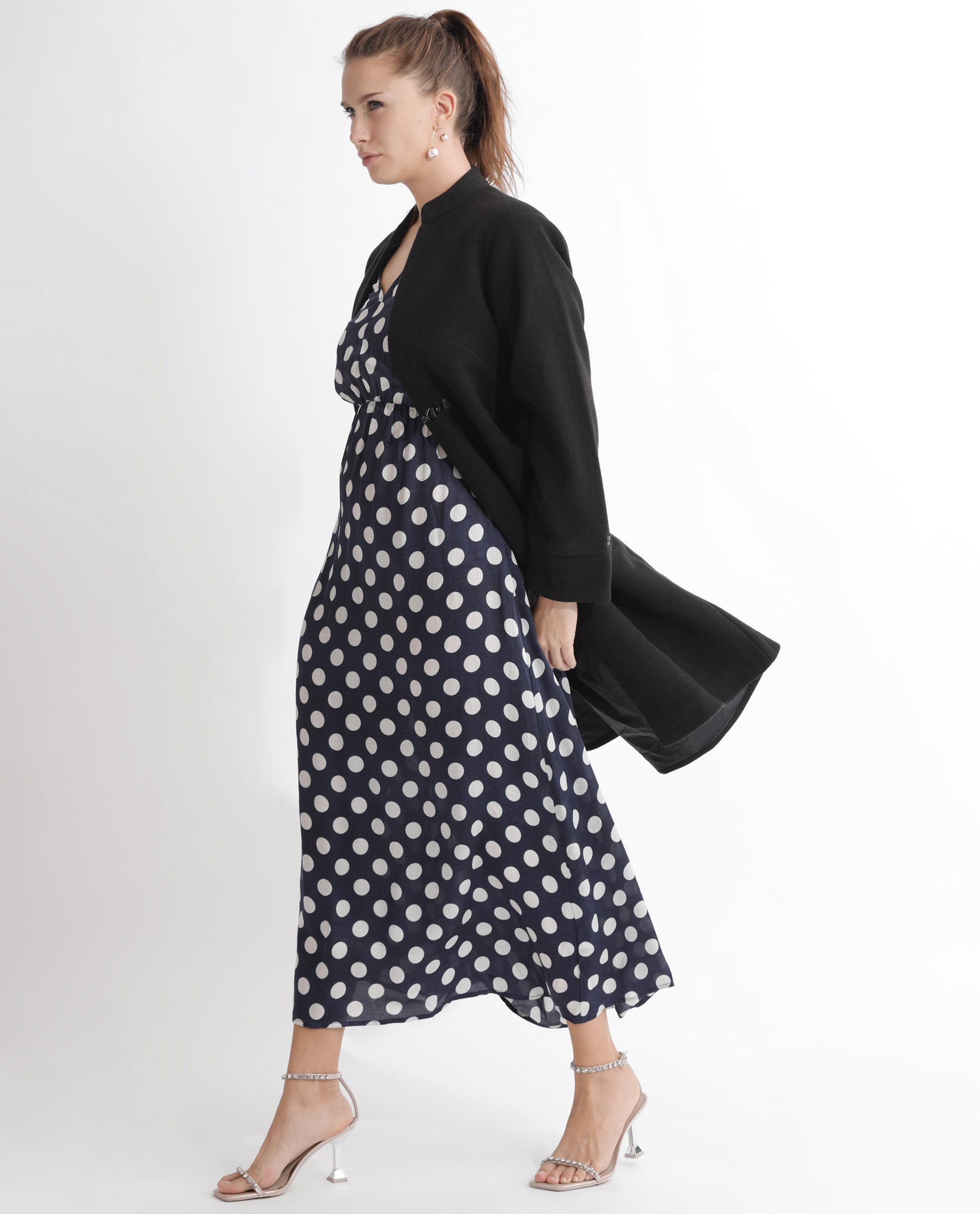 Rareism Women Wicked Blue Modal Satin Fabric Short Sleeves V-Neck Extended Sleeve Regular Fit Polka Maxi A-Line Dress