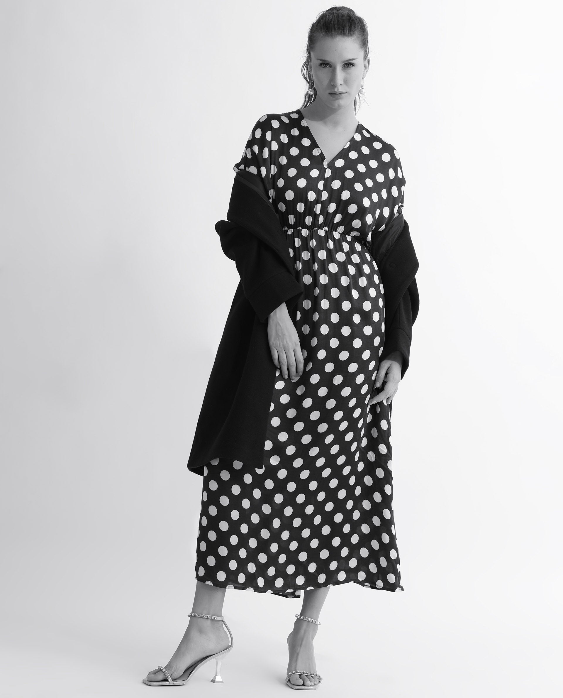 Rareism Women Wicked Blue Modal Satin Fabric Short Sleeves V-Neck Extended Sleeve Regular Fit Polka Maxi A-Line Dress