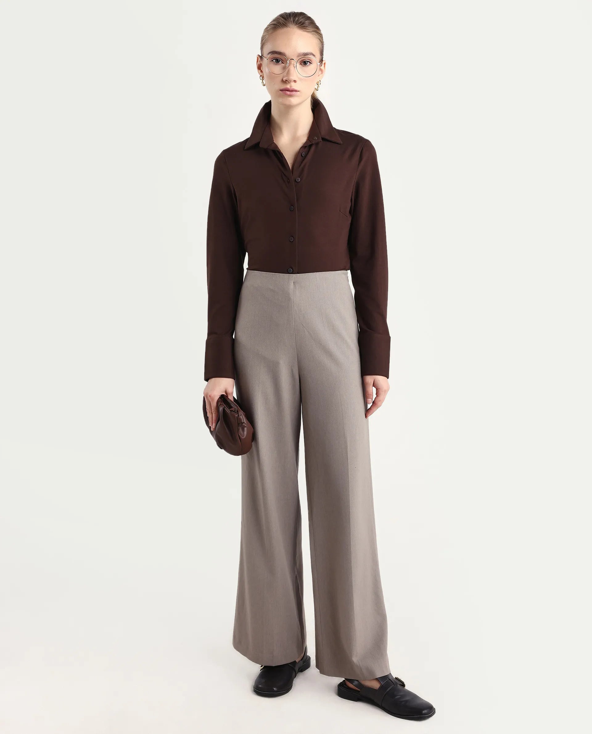 Rareism Women Wido Fawn Polyester Blend Fabric Button Closure Wide Leg Fit Plain Travel Trouser