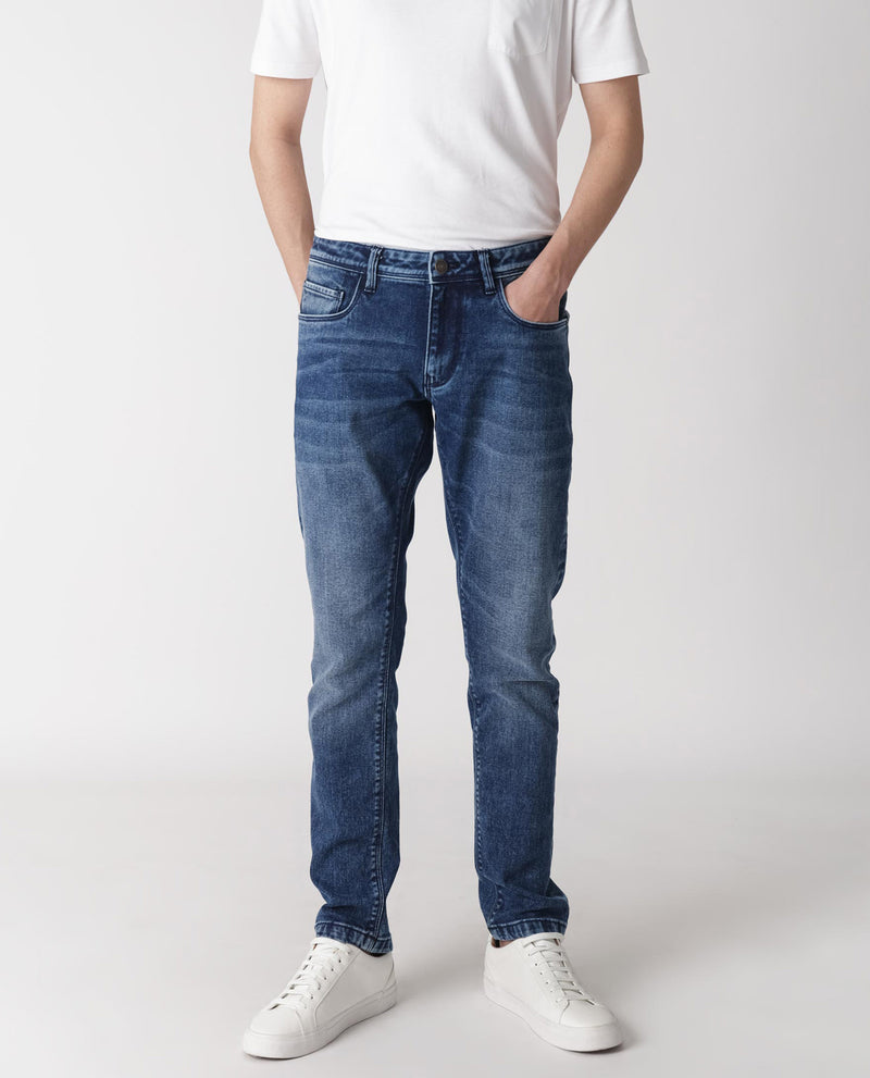 Rare Rabbit Men's Widz Dark Blue Mid Wash Mid-Rise Slim Fit Jeans