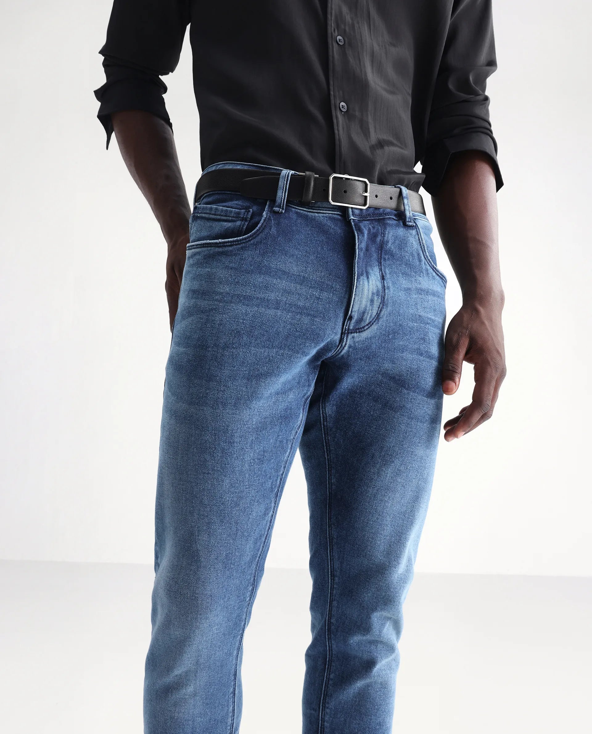 Rare Rabbit Men's Widz Blue Cotton Plain Hawk Slim Fit Jeans