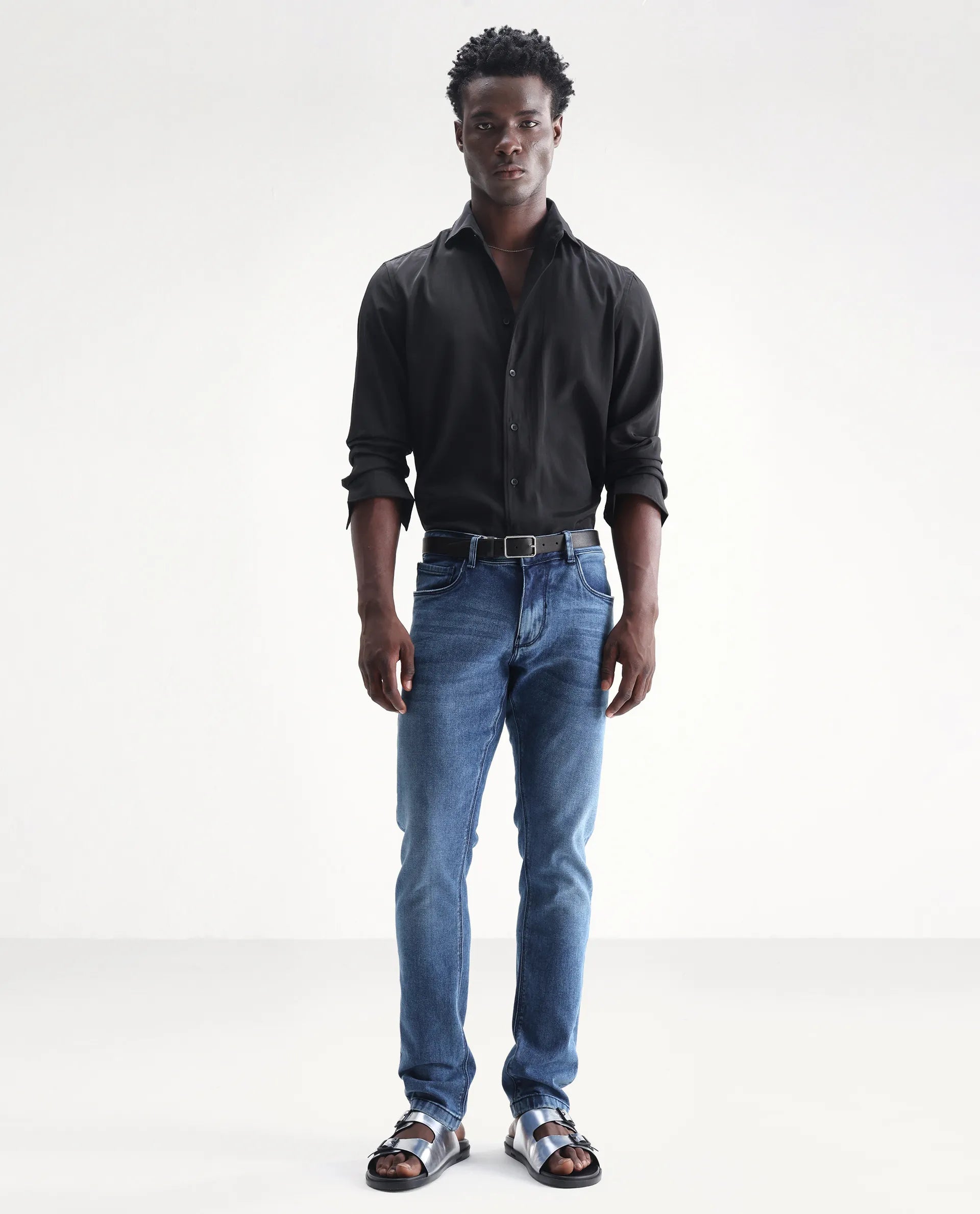 Rare Rabbit Men's Widz Blue Cotton Plain Hawk Slim Fit Jeans