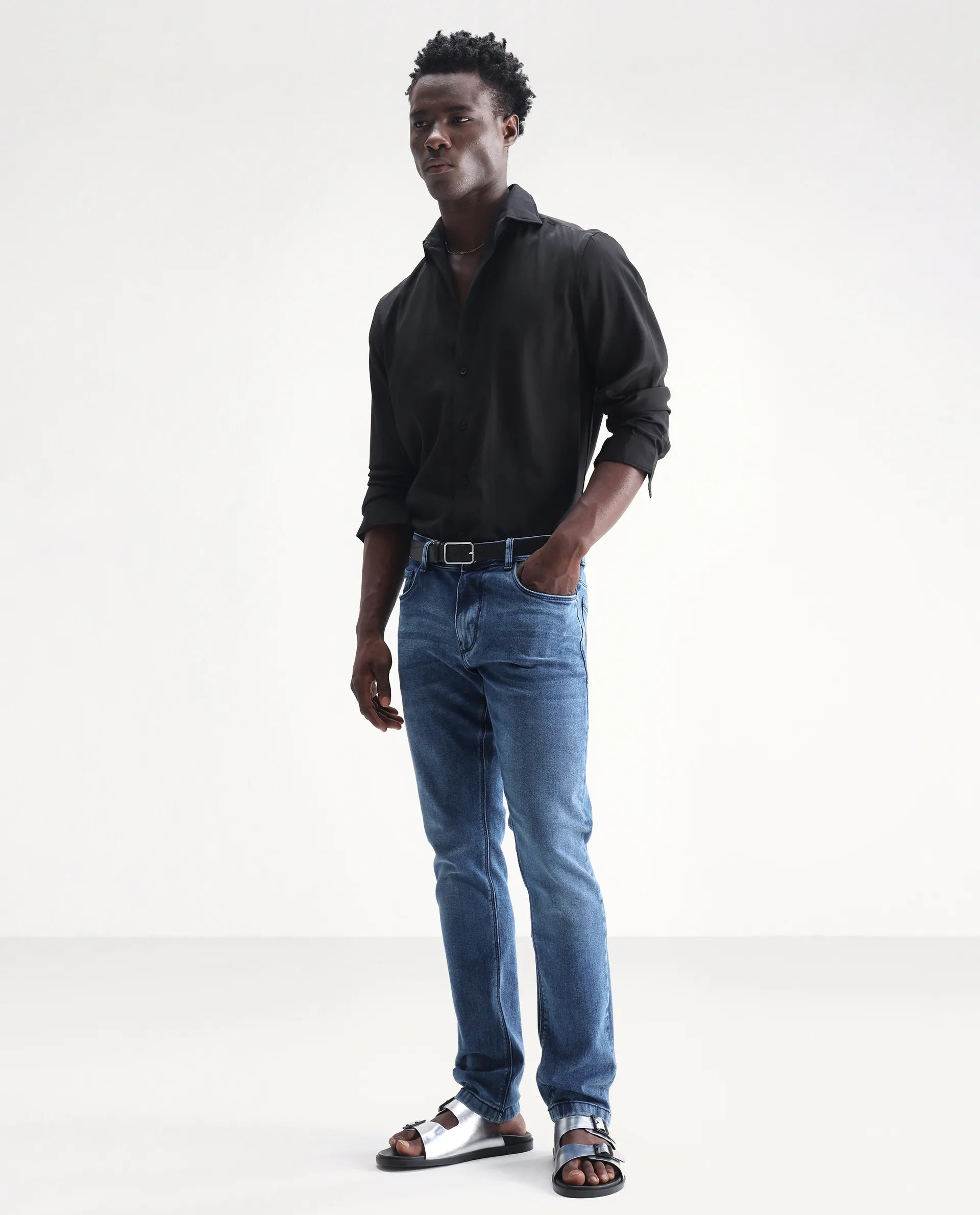 Rare Rabbit Men's Widz Blue Cotton Plain Hawk Slim Fit Jeans