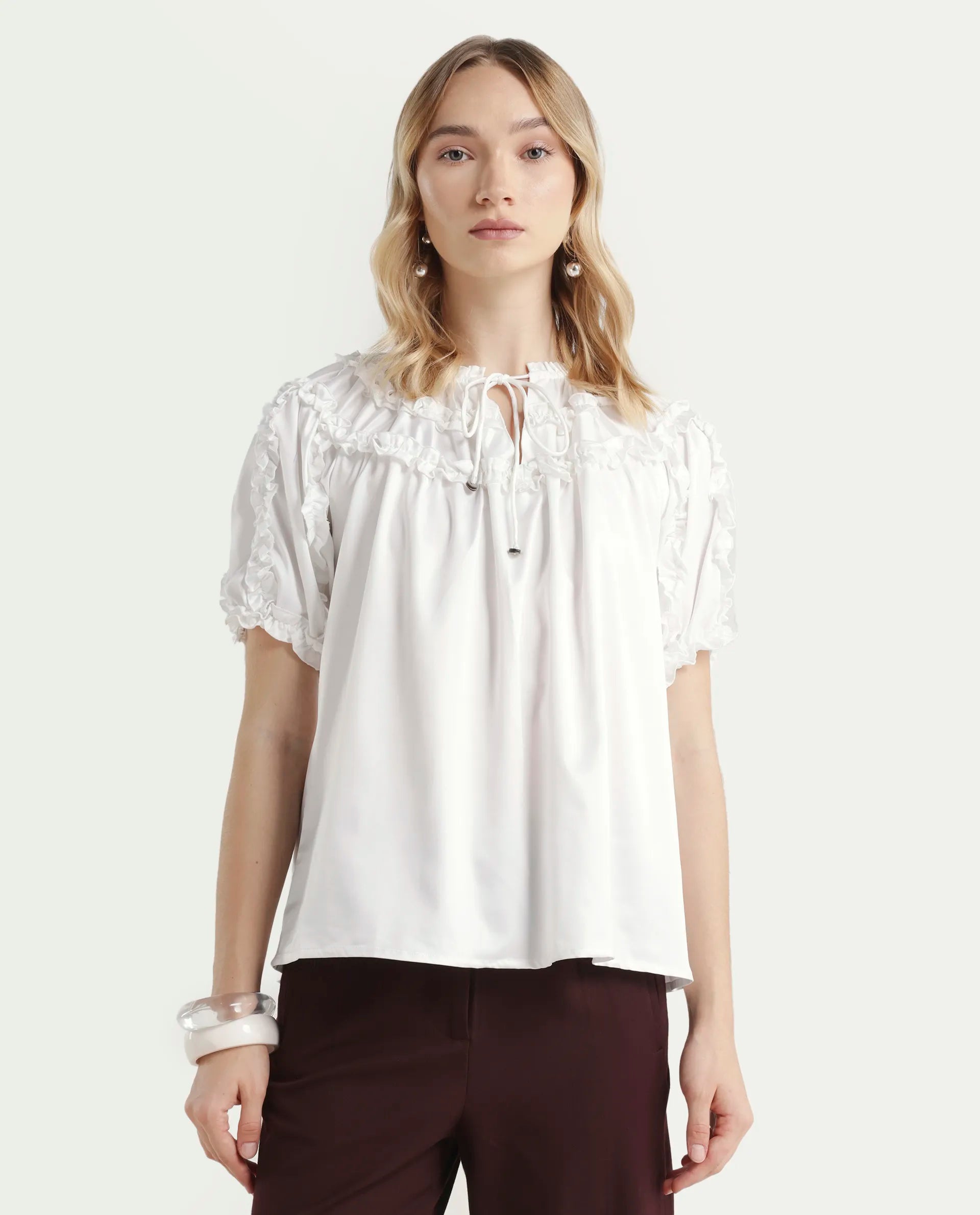 Rareism Women's William White Polyester Tie-Up Neck Plain Puff Sleeves Regular Fit Top
