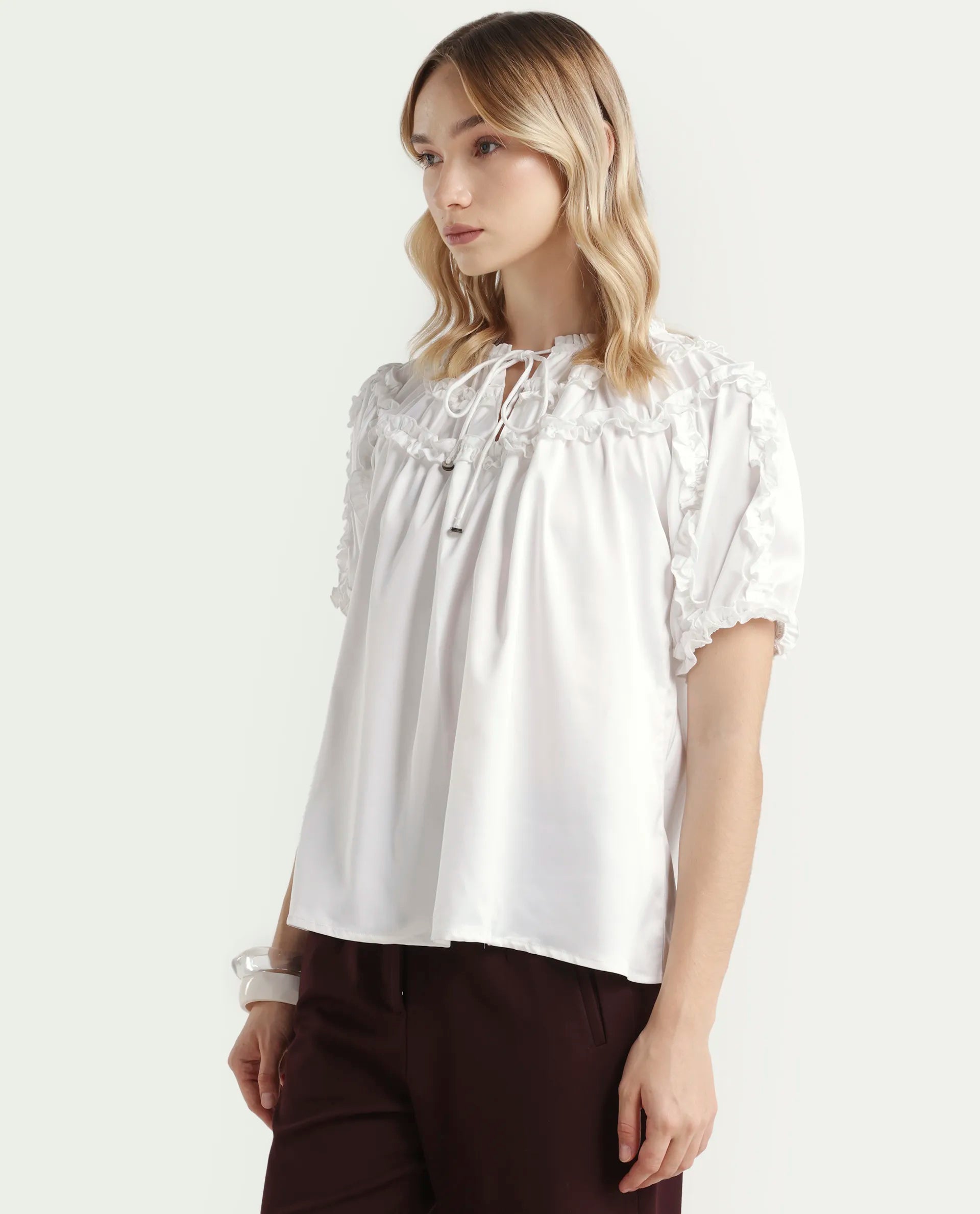 Rareism Women's William White Polyester Tie-Up Neck Plain Puff Sleeves Regular Fit Top