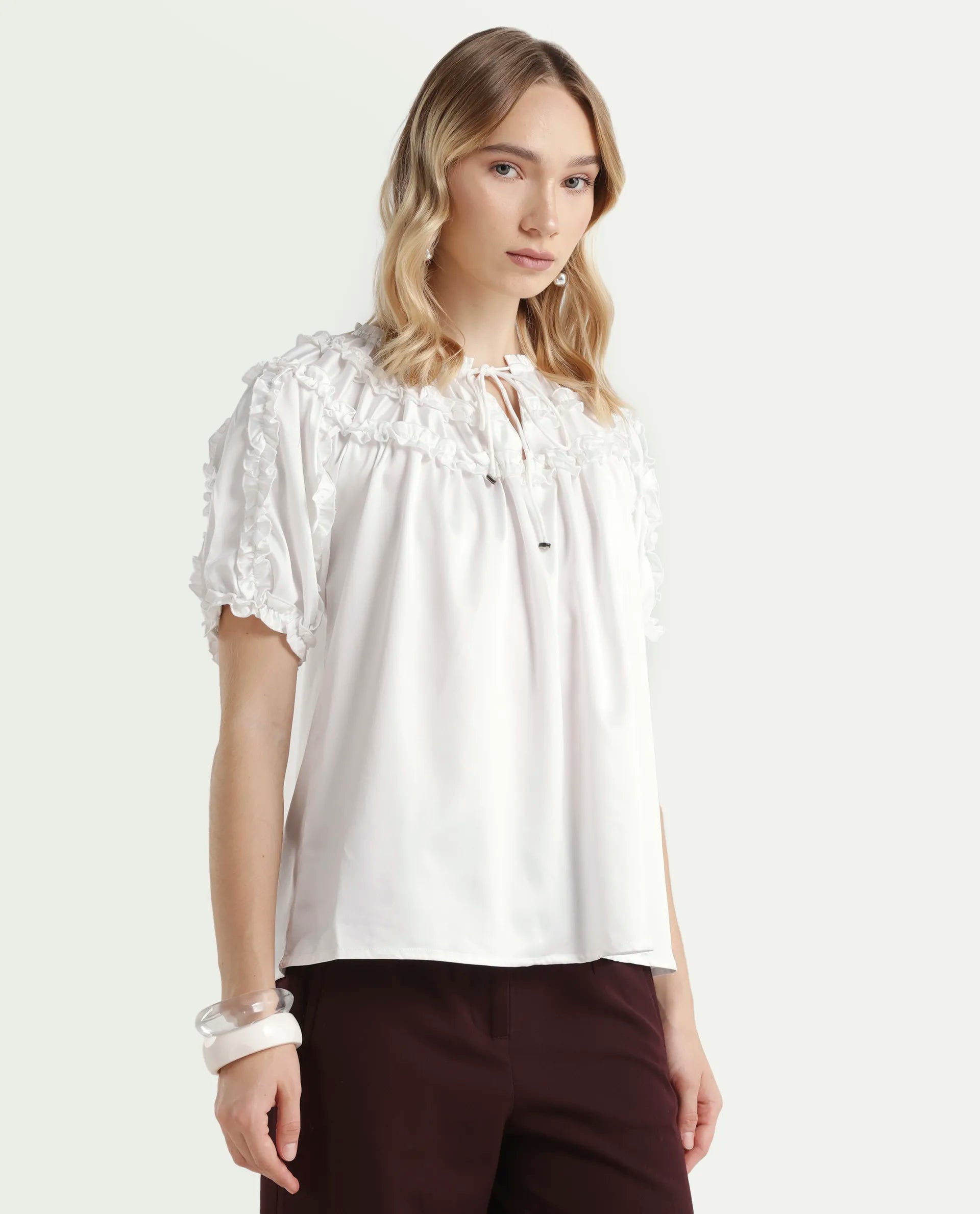 Rareism Women's William White Polyester Tie-Up Neck Plain Puff Sleeves Regular Fit Top