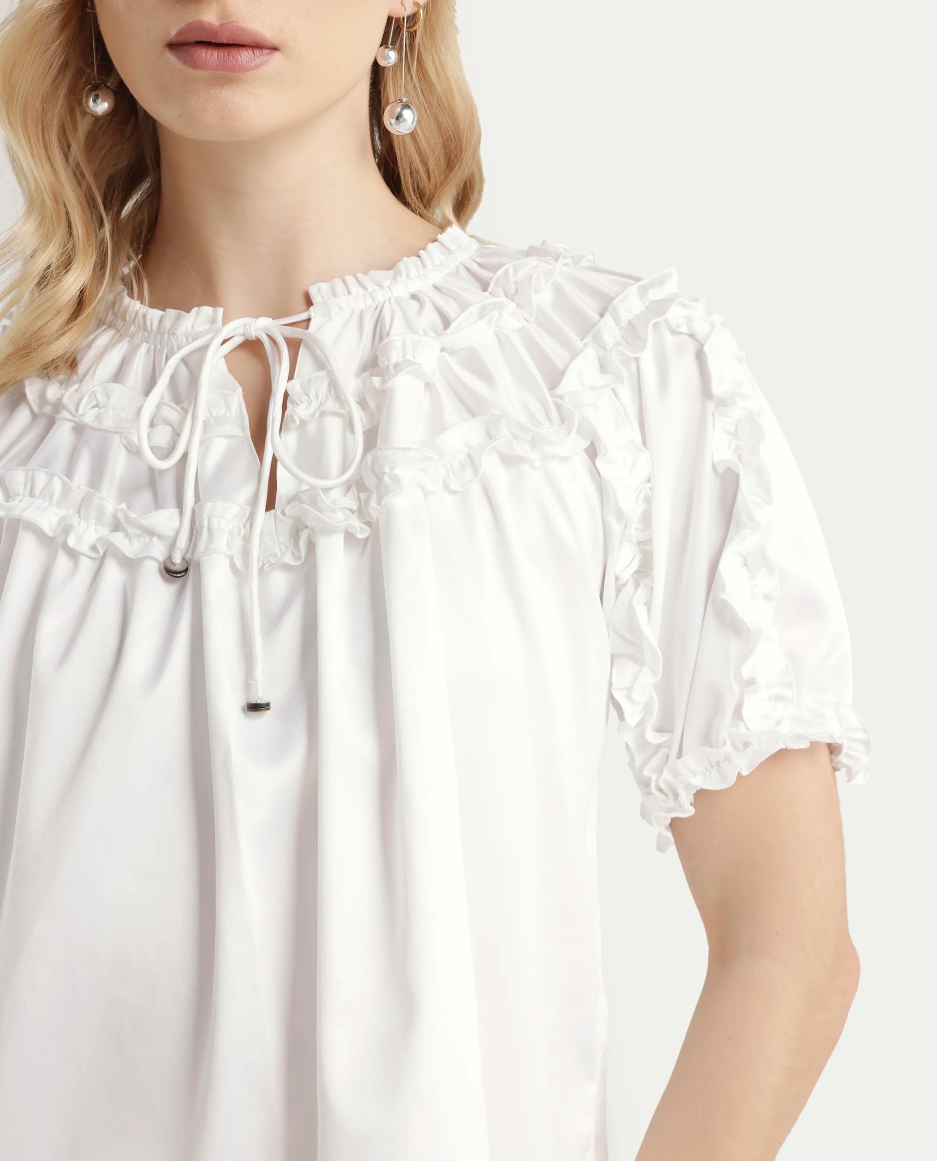 Rareism Women's William White Polyester Tie-Up Neck Plain Puff Sleeves Regular Fit Top
