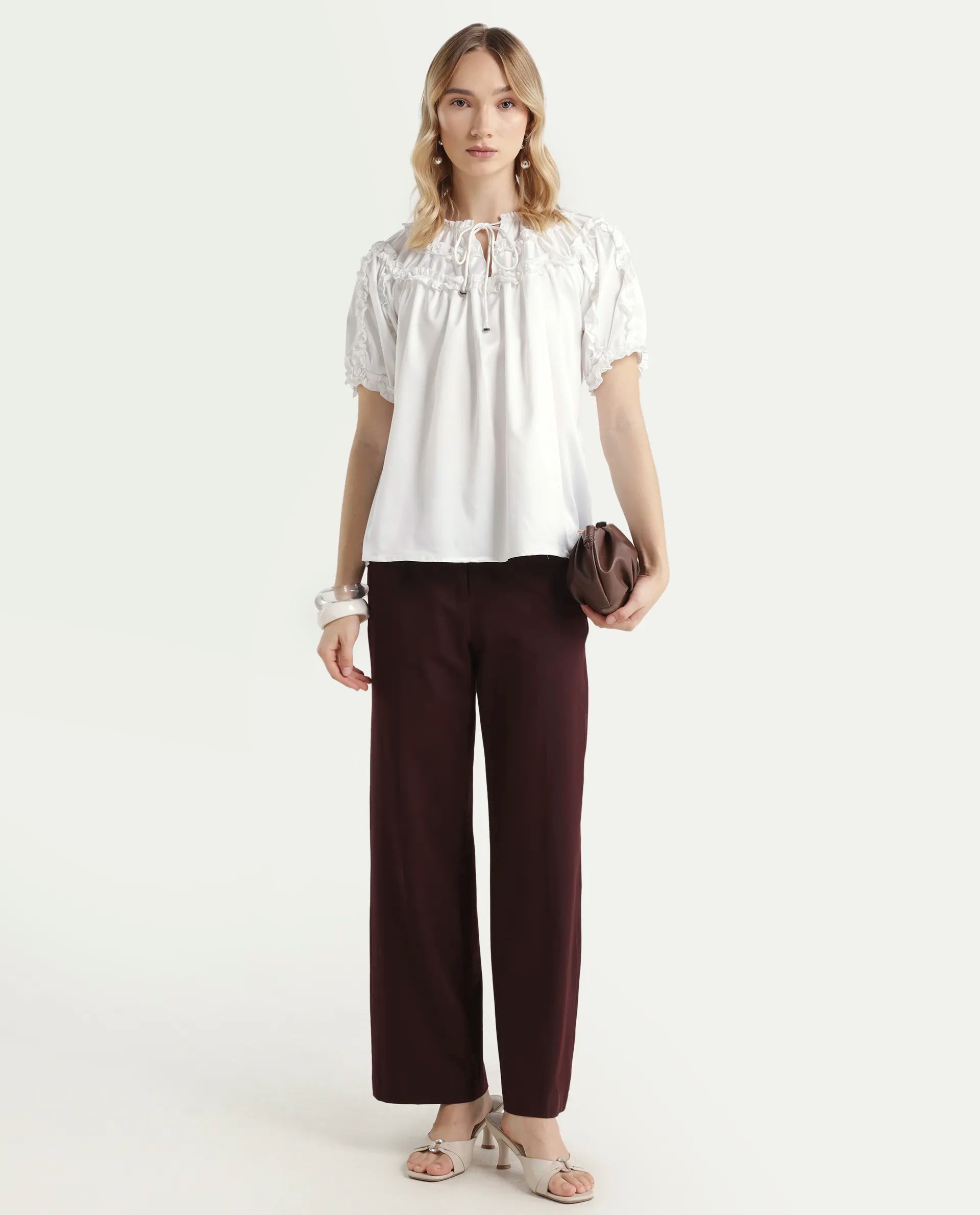 Rareism Women's William White Polyester Tie-Up Neck Plain Puff Sleeves Regular Fit Top