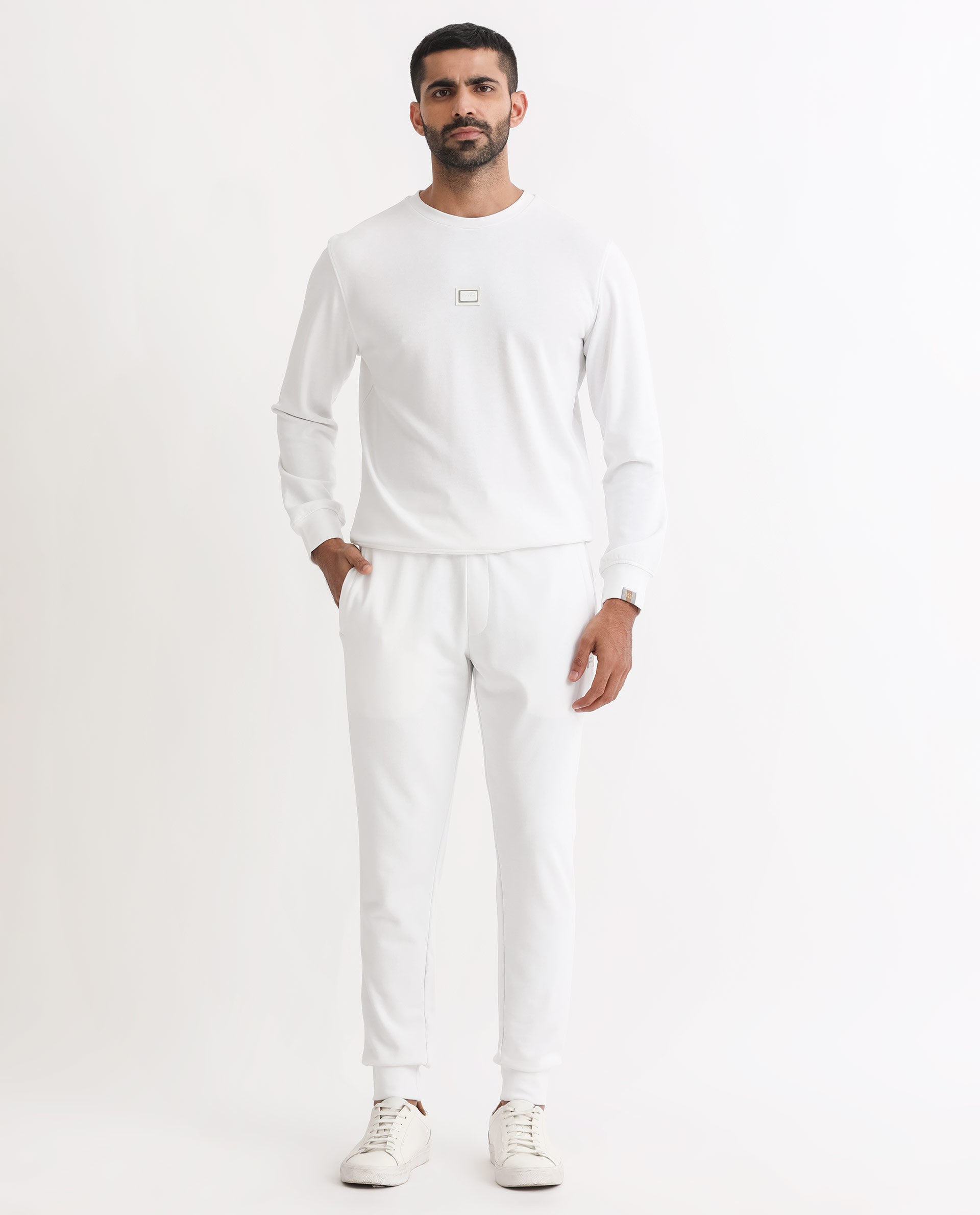 Rare Rabbit Mens Wimble White Track Pant Cotton Polyester Terry Fabric Mid Rise Knitted Draw String Closure