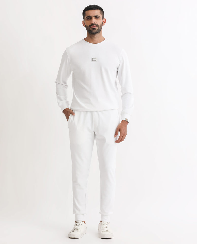 RARE RABBIT MENS WIMBLE WHITE TRACK PANT COTTON POLYESTER TERRY FABRIC MID RISE KNITTED DRAW STRING CLOSURE