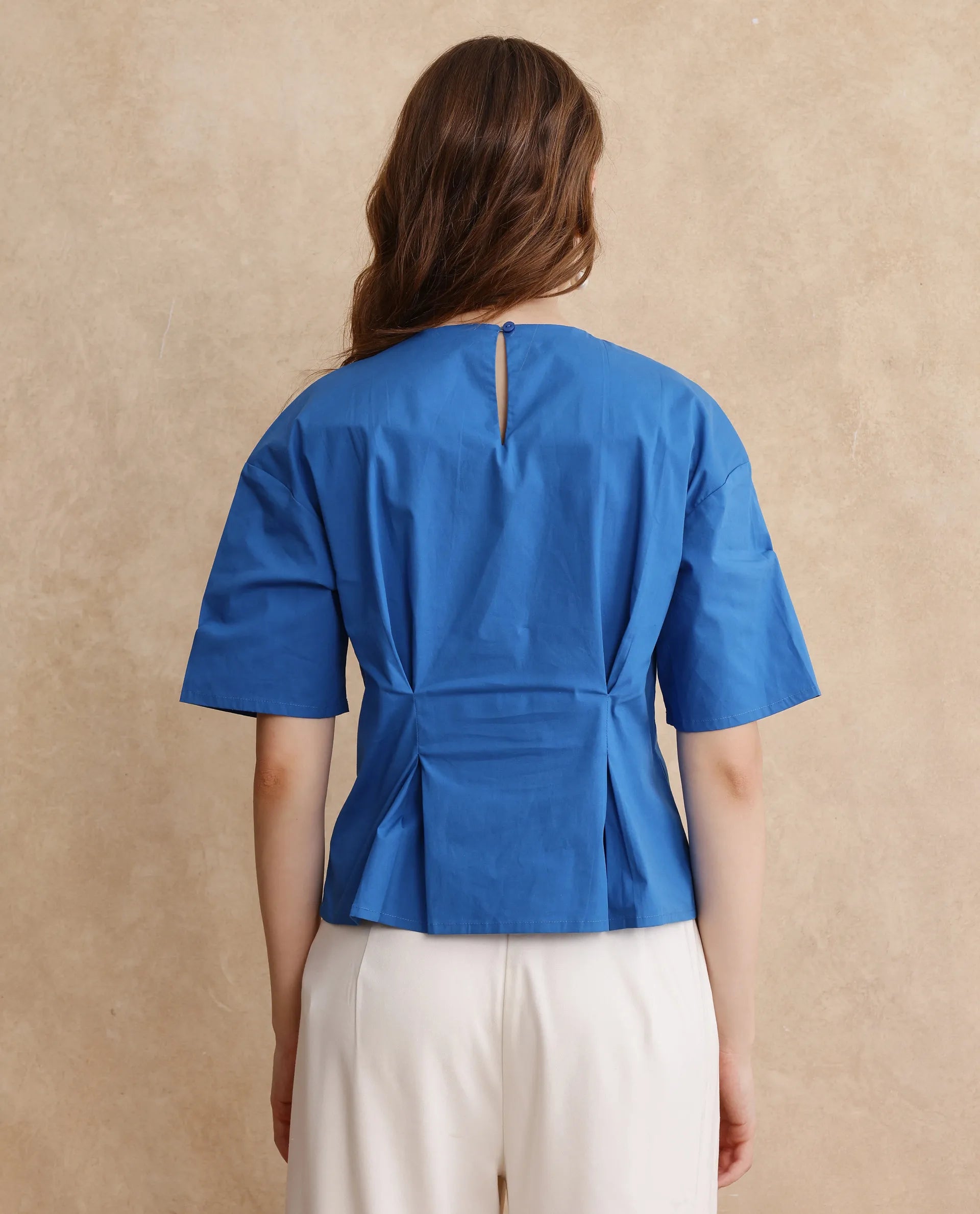 Rareism Women Wimf Blue Cotton Fabric Regular Sleeves Round Neck Button Closure Plain Top