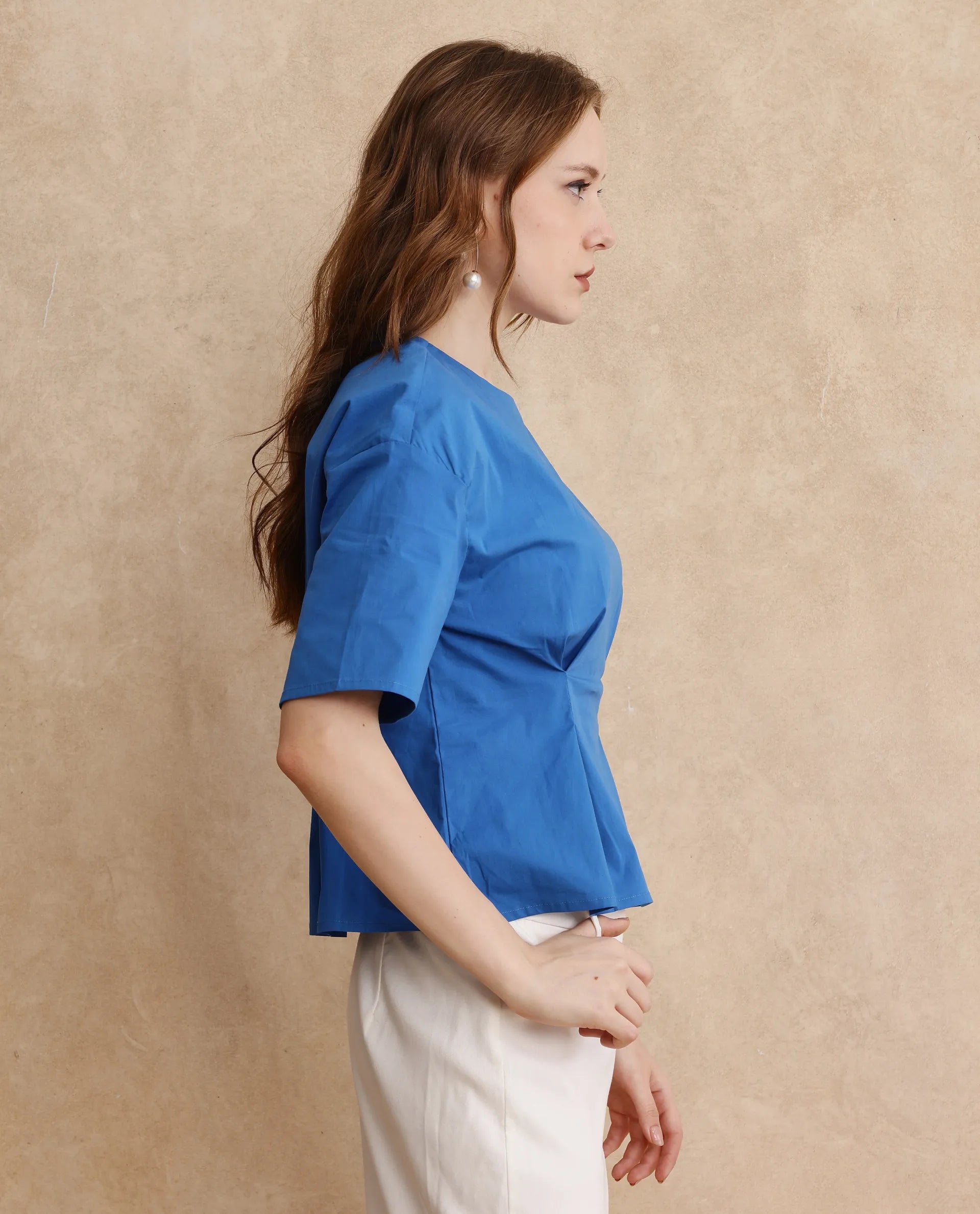 Rareism Women Wimf Blue Cotton Fabric Regular Sleeves Round Neck Button Closure Plain Top