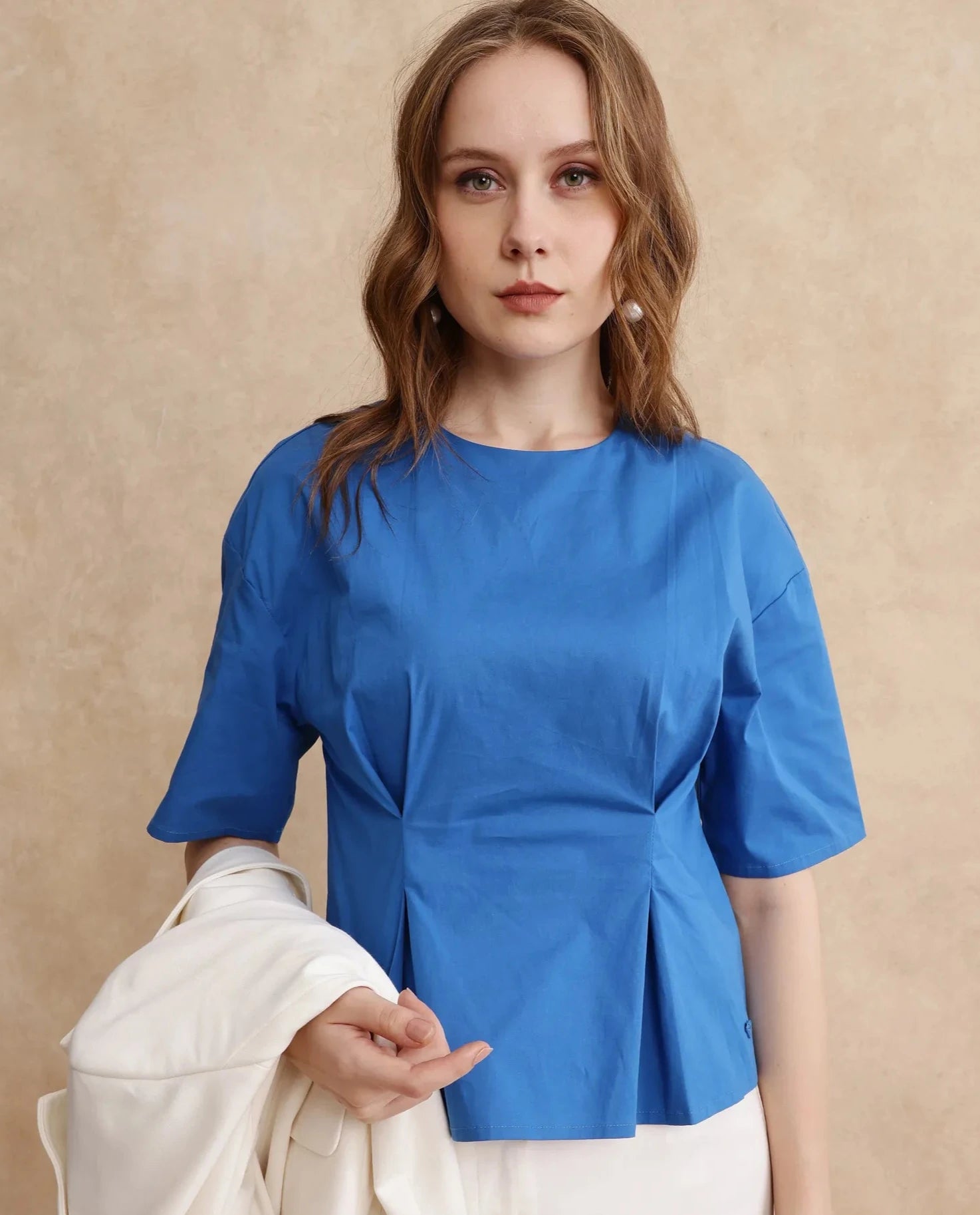 Rareism Women Wimf Blue Cotton Fabric Regular Sleeves Round Neck Button Closure Plain Top